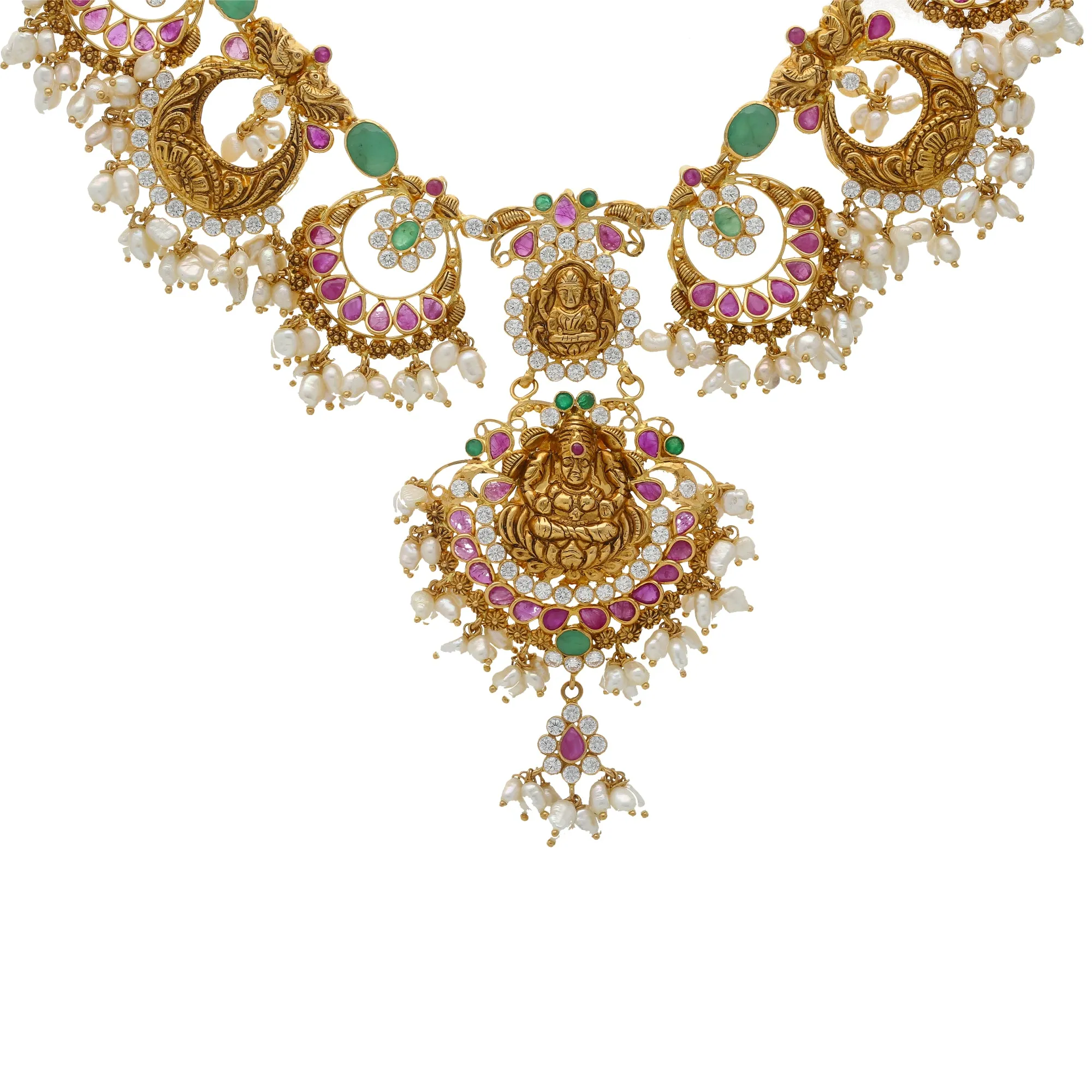 22K Gold & Gemstone Guddusapulu Necklace Set (61.9gm)