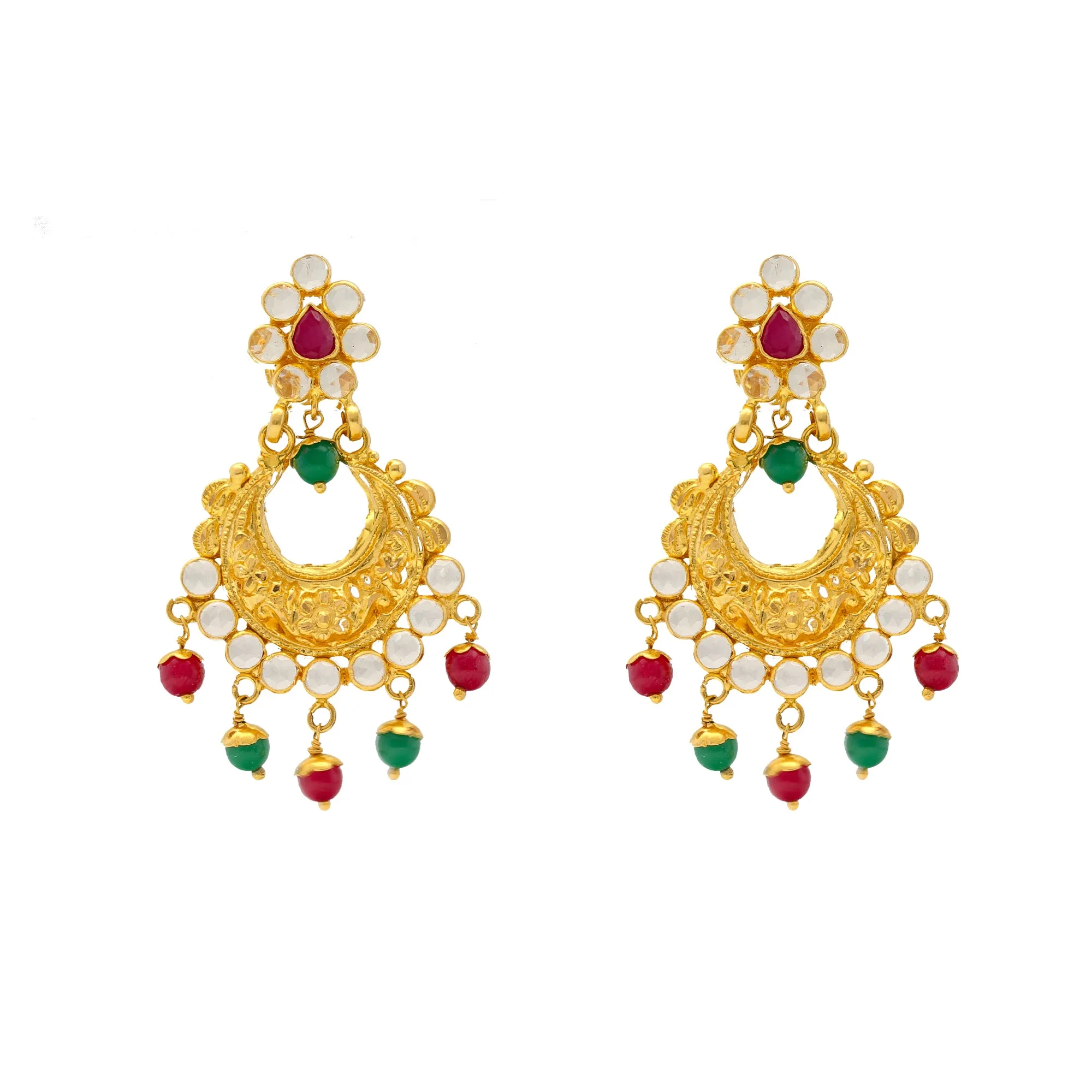 22K Yellow Gold Chandbali Earrings w/ Gems & Pearls (10.2gm)