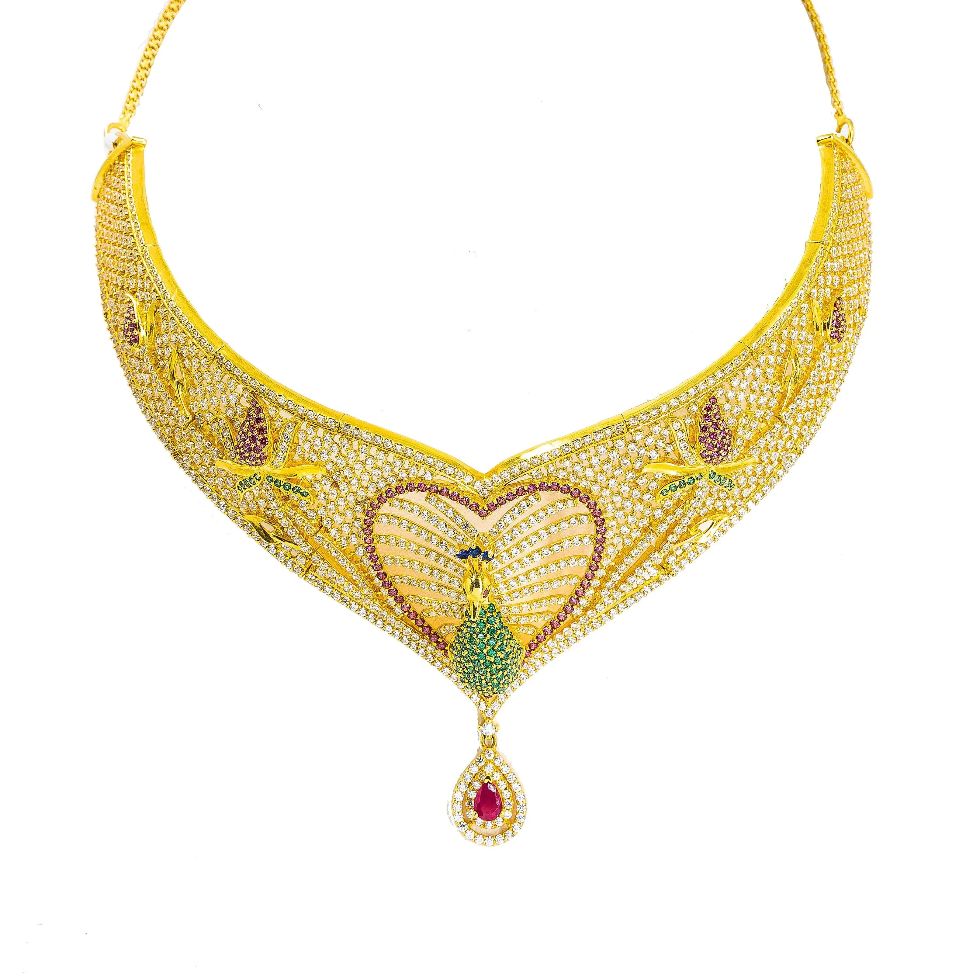 22K Yellow Gold Choker & Drop Earrings Set W/ Ruby, CZ, Peacock Heart Design & Drop Pear Pendant