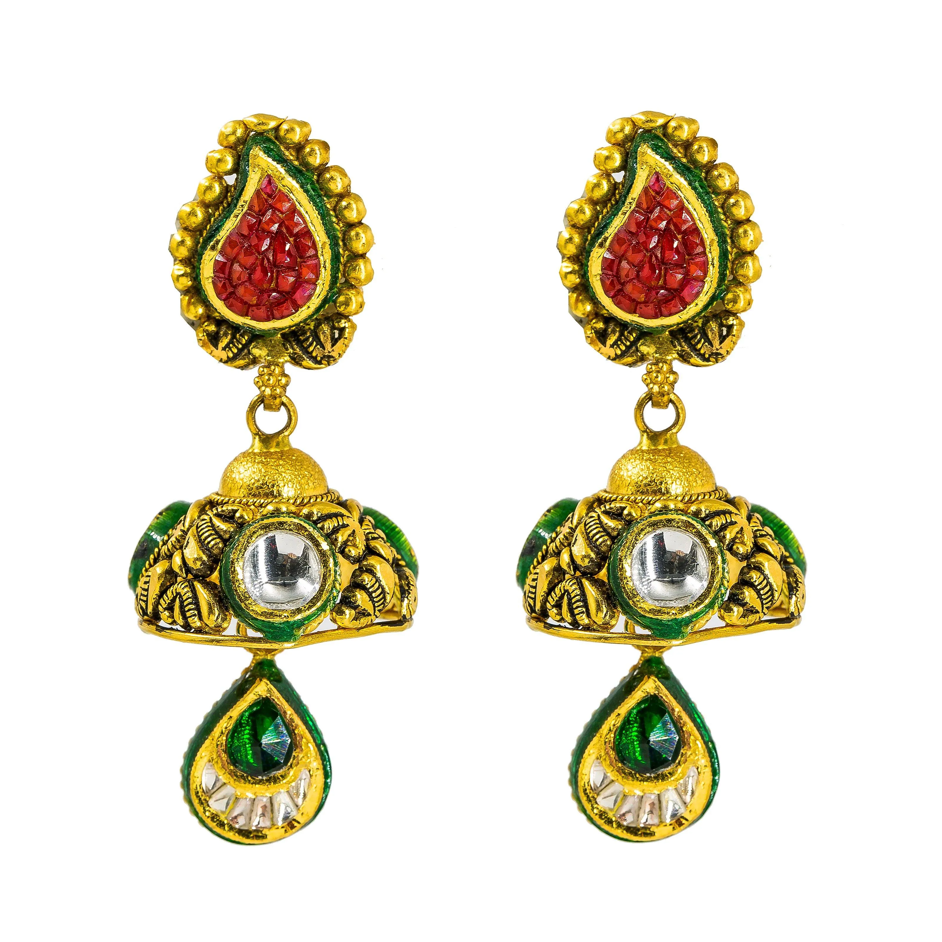 22K Yellow Gold Choker & Jhumki Drop Earrings Set W/ Ruby, Emerald, Kundan & Deep Carved Mango Detail