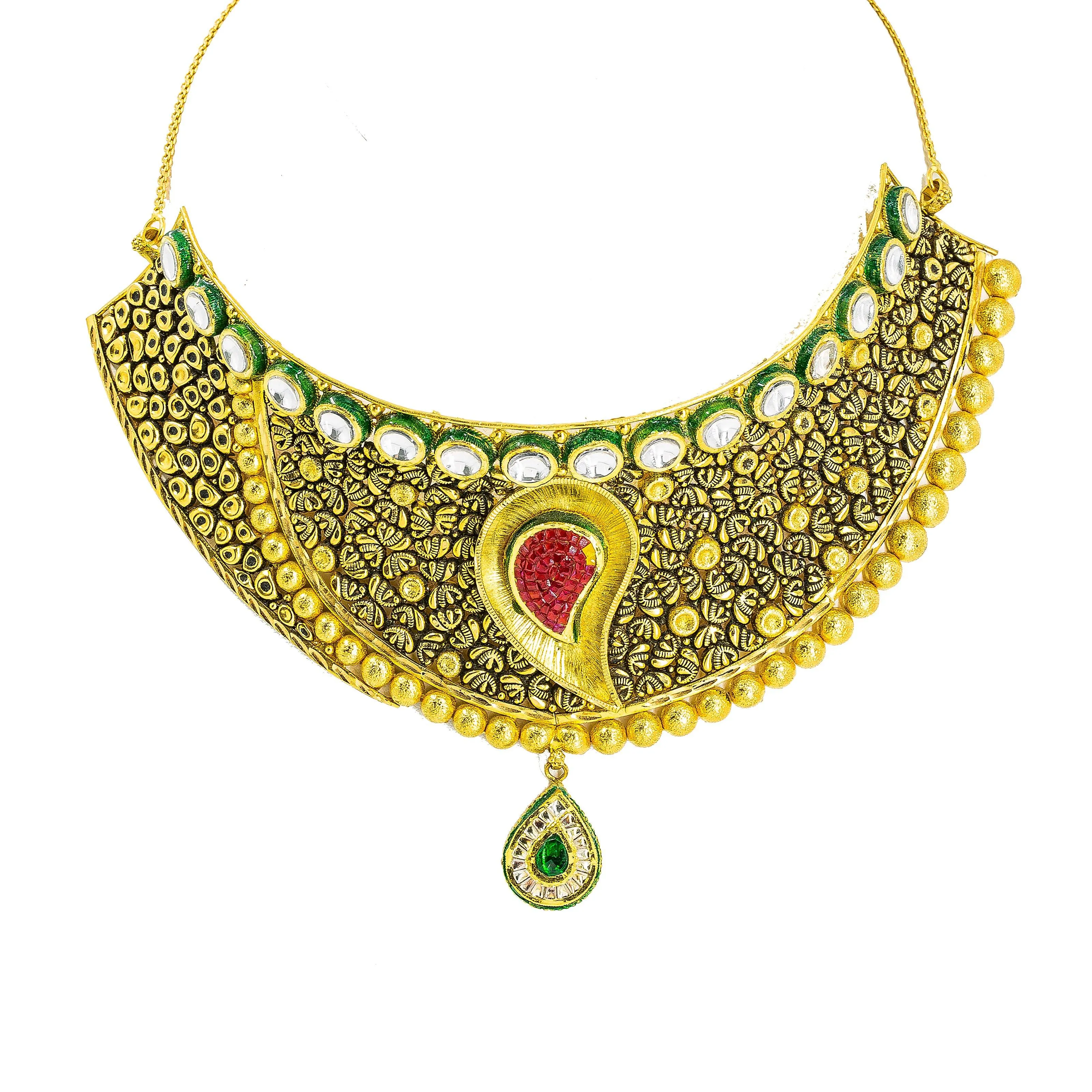 22K Yellow Gold Choker & Jhumki Drop Earrings Set W/ Ruby, Emerald, Kundan & Deep Carved Mango Detail