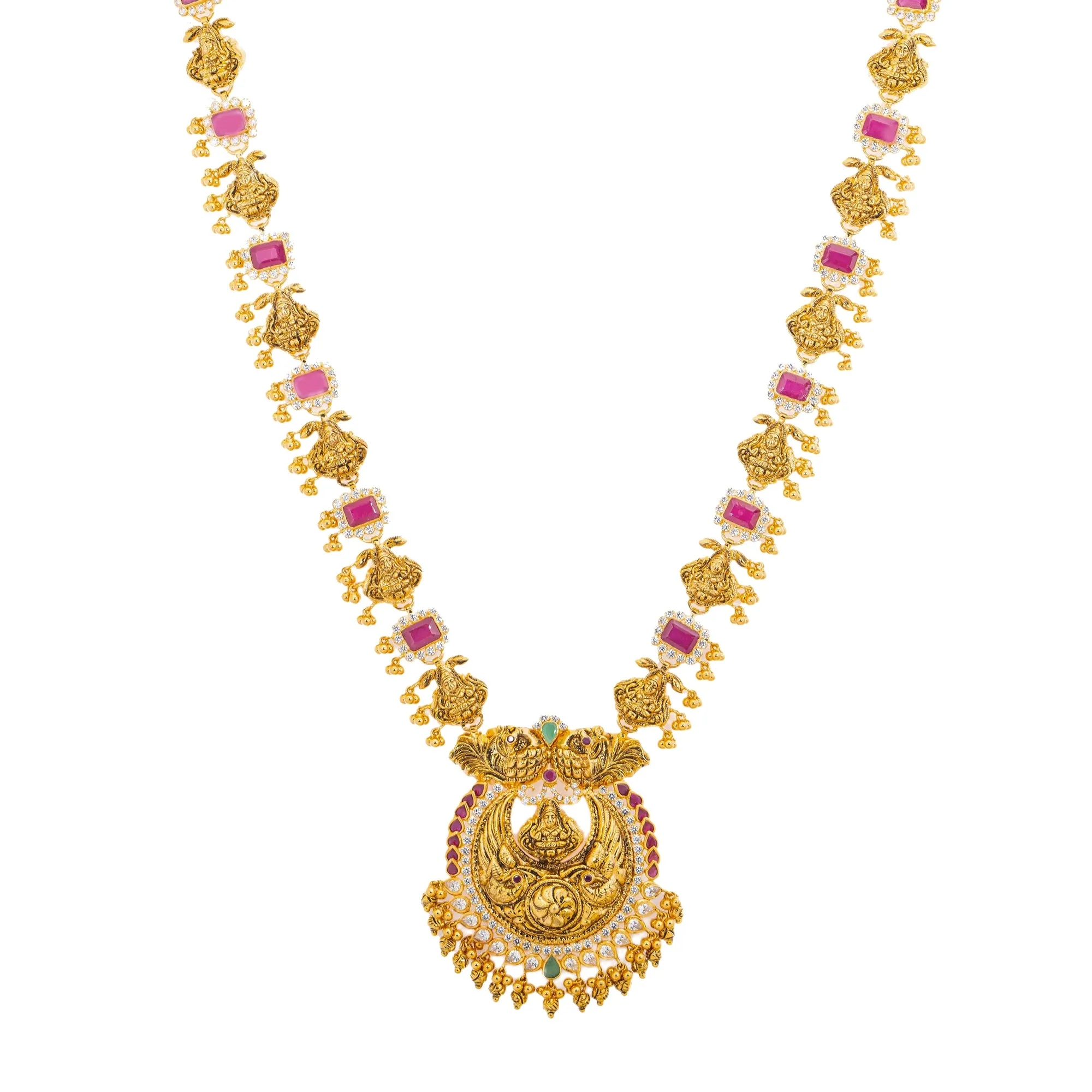 22K Yellow Gold, Gem, CZ, and Pearl Temple Necklace Set (75.4gm)