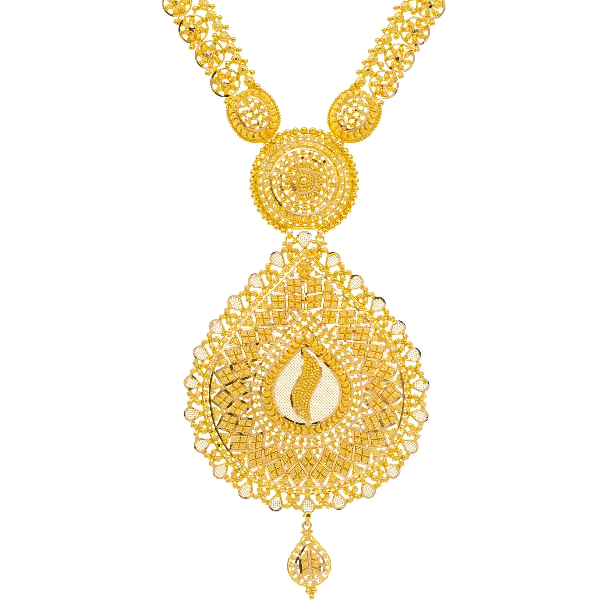 22K Yellow Gold Long Filigree Necklace Set (92.2gm)