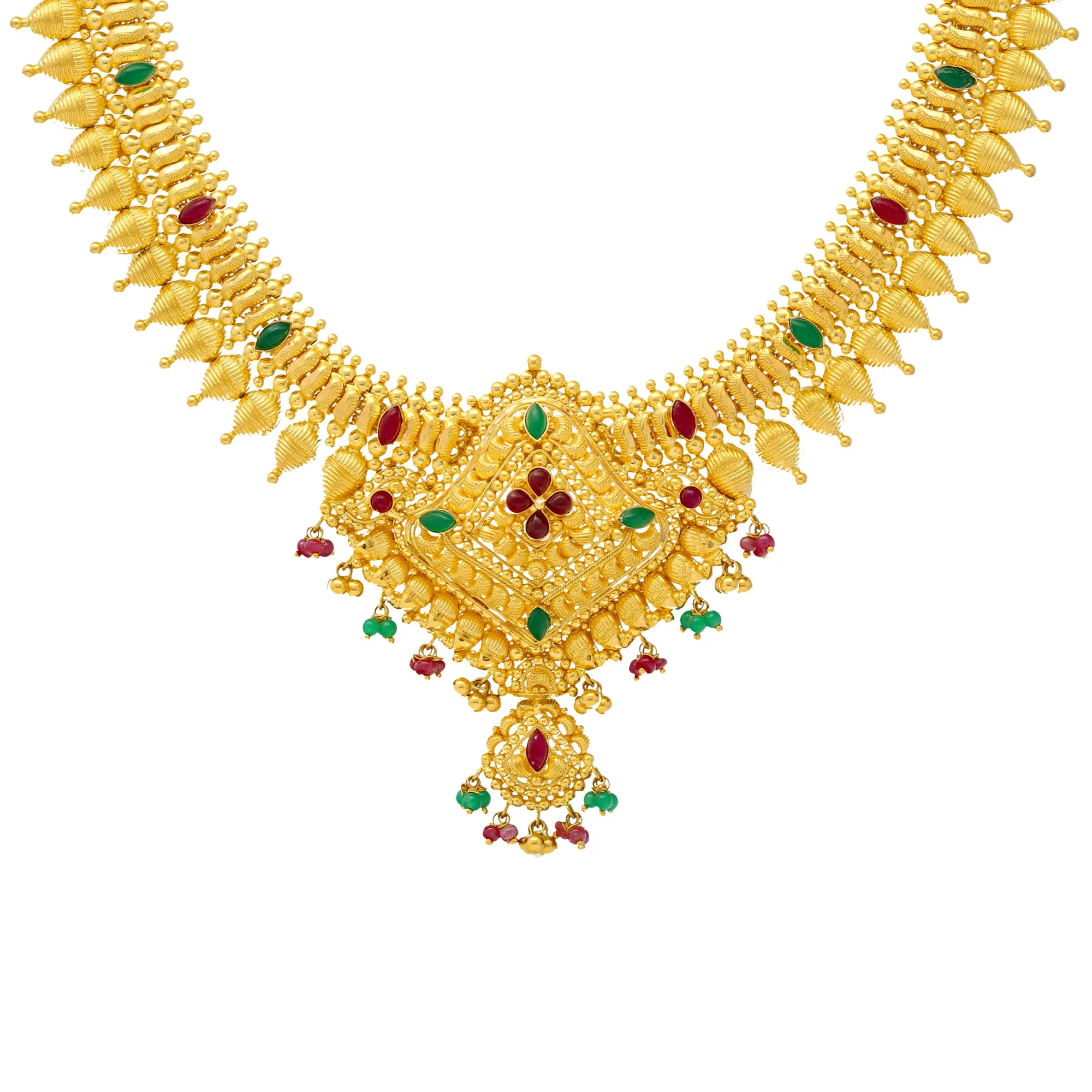 22K Yellow Gold Necklace Set w/ Emeralds & Rubies (51.1gm)