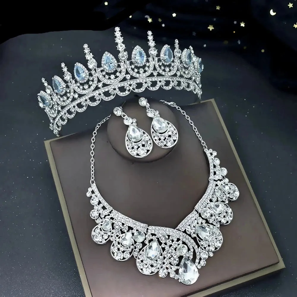 3 Piece Tiara Crown Earrings Necklace Jewelry Set Crystal Party Birthday Prom Pageant Costume Jewelry