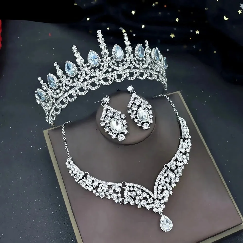 3 Piece Tiara Crown Earrings Necklace Jewelry Set Crystal Party Birthday Prom Pageant Costume Jewelry