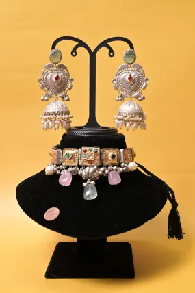 92.5 Silver Polish Marwar Style Choker Necklace Set with Monalisa Stone & Pachi Kundan Work