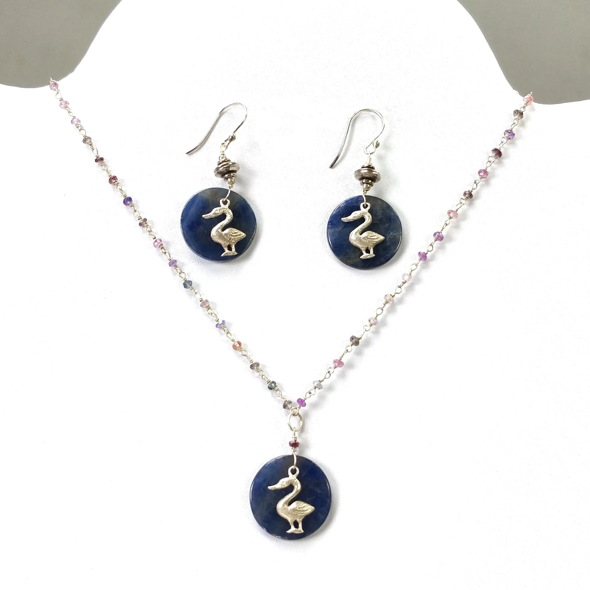 925 Sterling Silver Jewelry :  Natural Untreated BLUE SAPPHIRE Gemstone 1.85" Beaded Necklace Drop Dangle Earring Jewelry Set