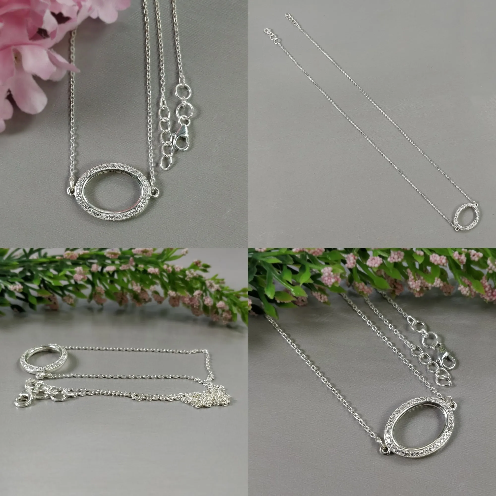 925 Sterling Silver Yellow Gold, Rose Gold & Silver Plating With CZ Micro Pave Setting Oval Pendant With Chain Necklace 18"