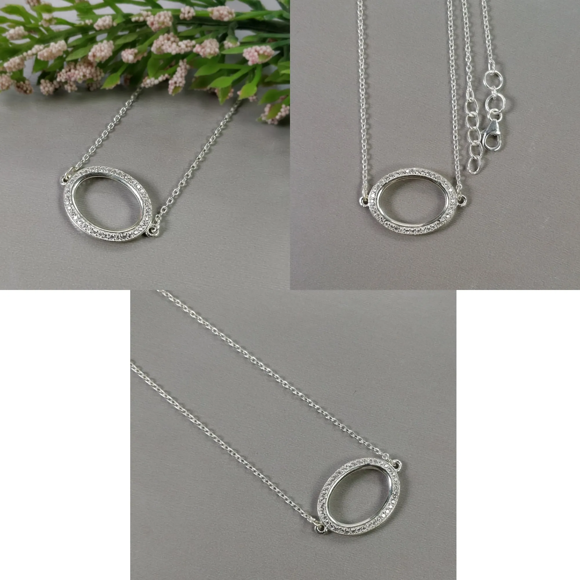 925 Sterling Silver Yellow Gold, Rose Gold & Silver Plating With CZ Micro Pave Setting Oval Pendant With Chain Necklace 18"