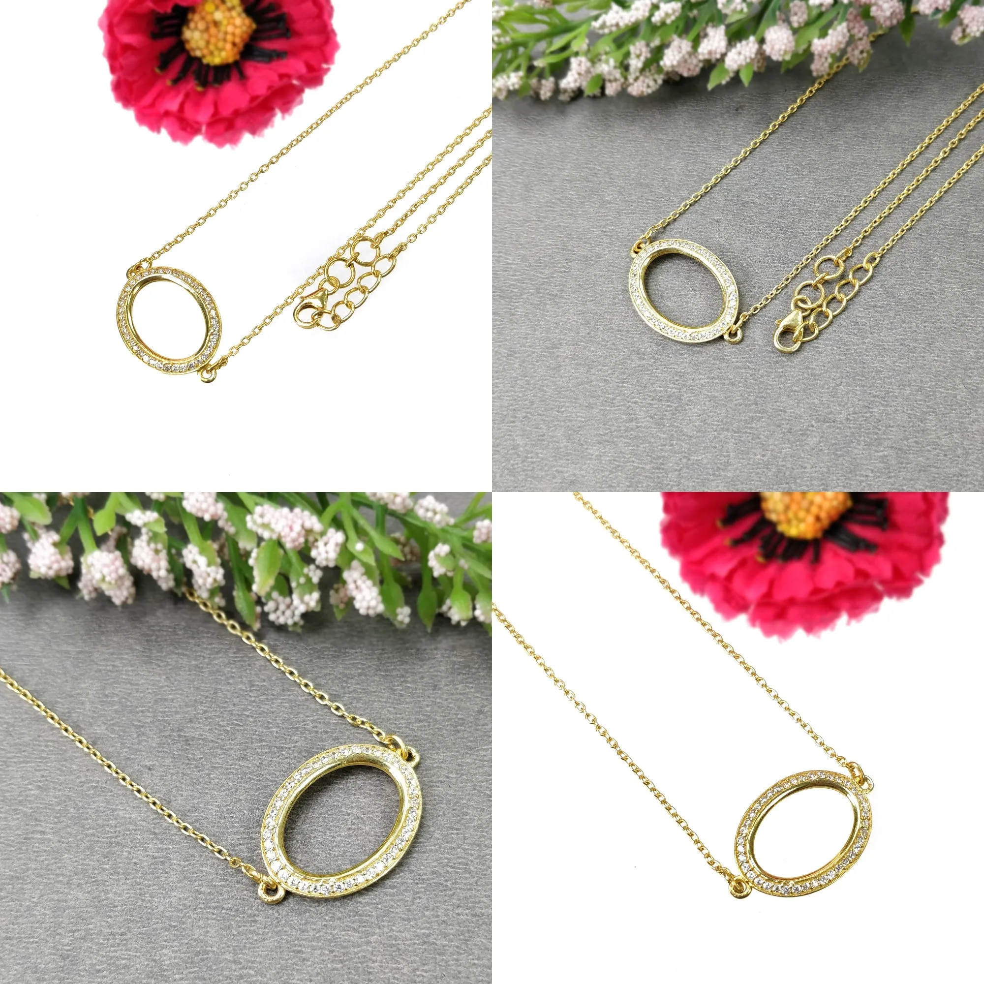 925 Sterling Silver Yellow Gold, Rose Gold & Silver Plating With CZ Micro Pave Setting Oval Pendant With Chain Necklace 18"