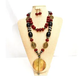 African Black & Maroon Copal Resin Amber & Brass Necklace - Set of 3