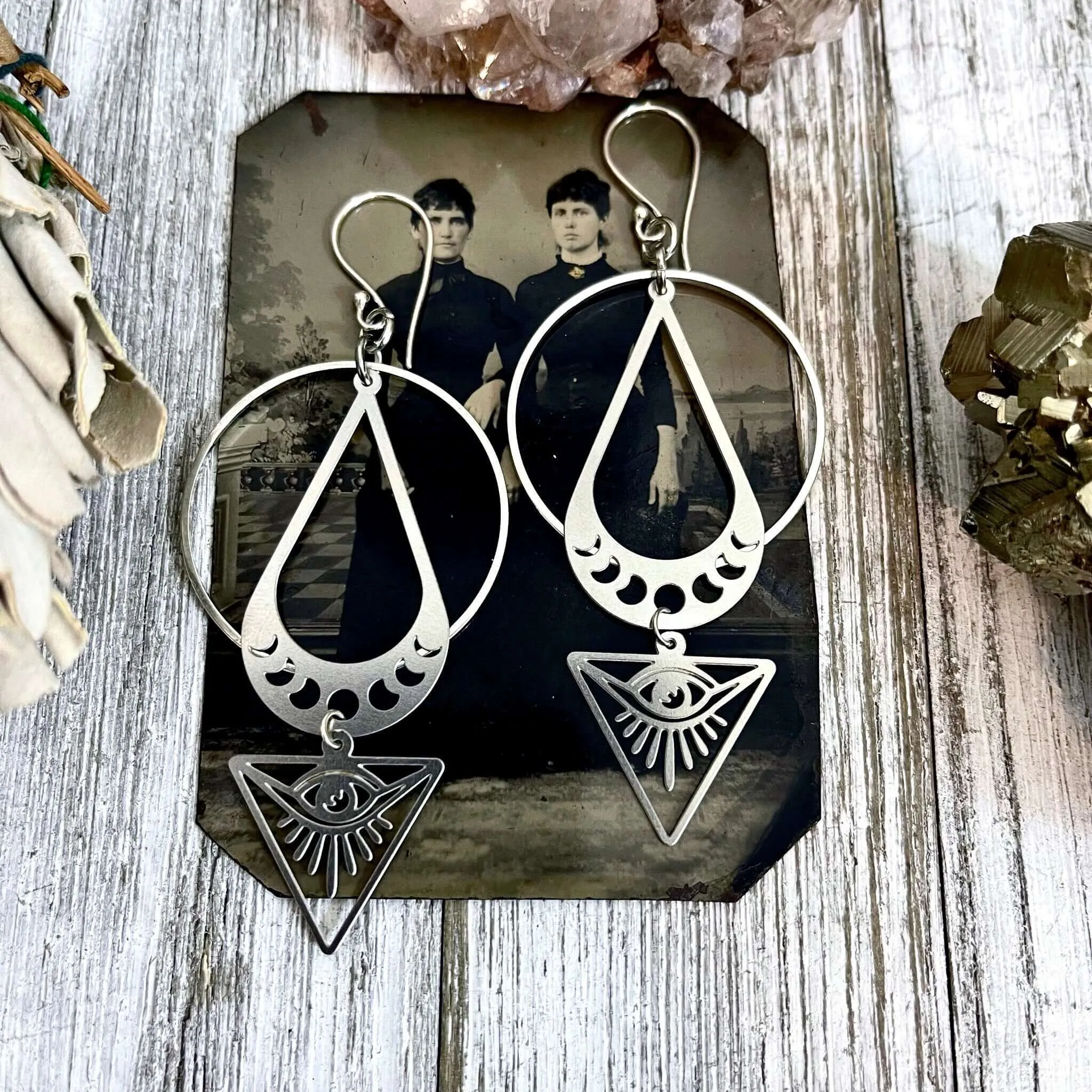 All Seeing Eye & Moon Phases Earrings / Sterling Silver and Stainless Steel Long Dangly Geometric Earrings