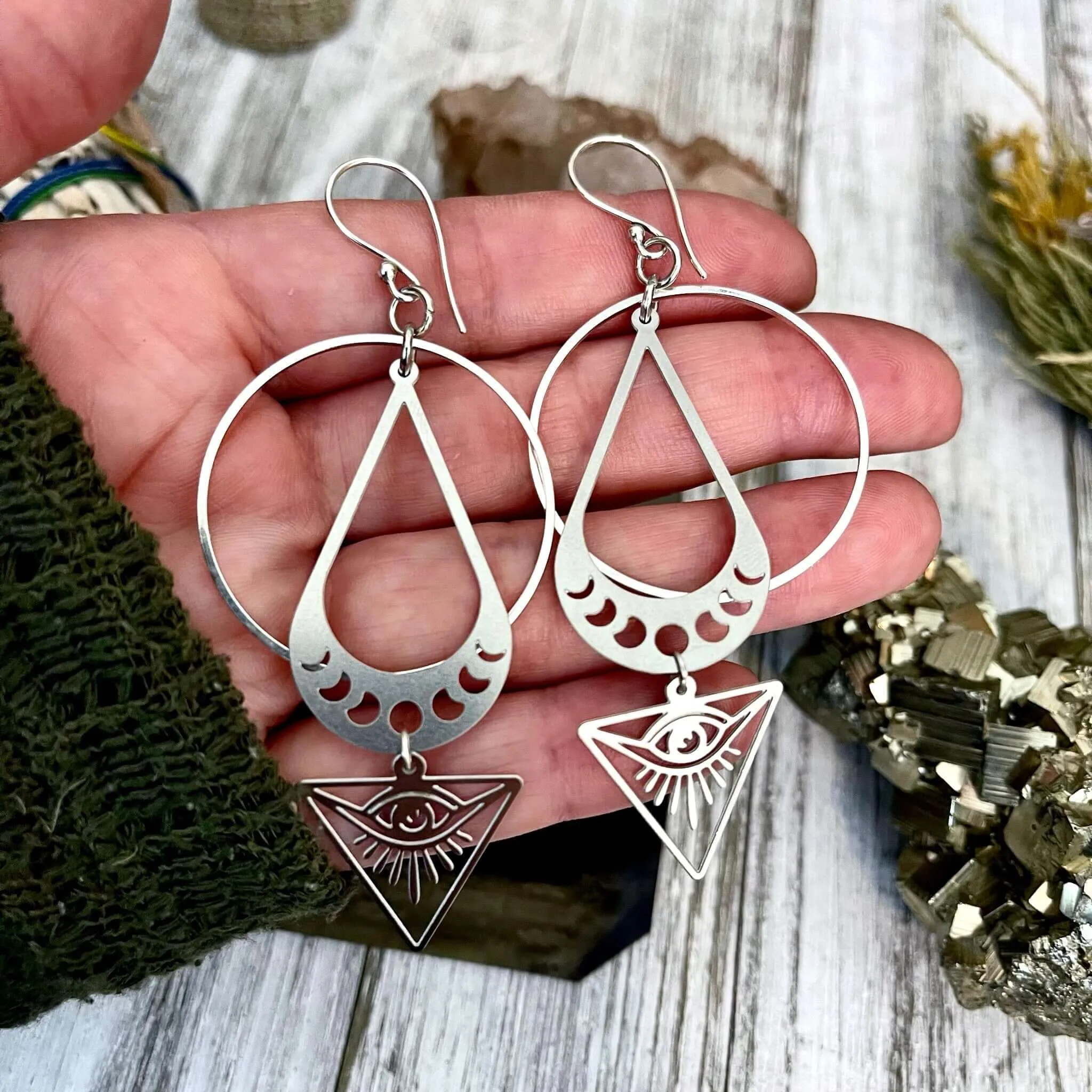 All Seeing Eye & Moon Phases Earrings / Sterling Silver and Stainless Steel Long Dangly Geometric Earrings