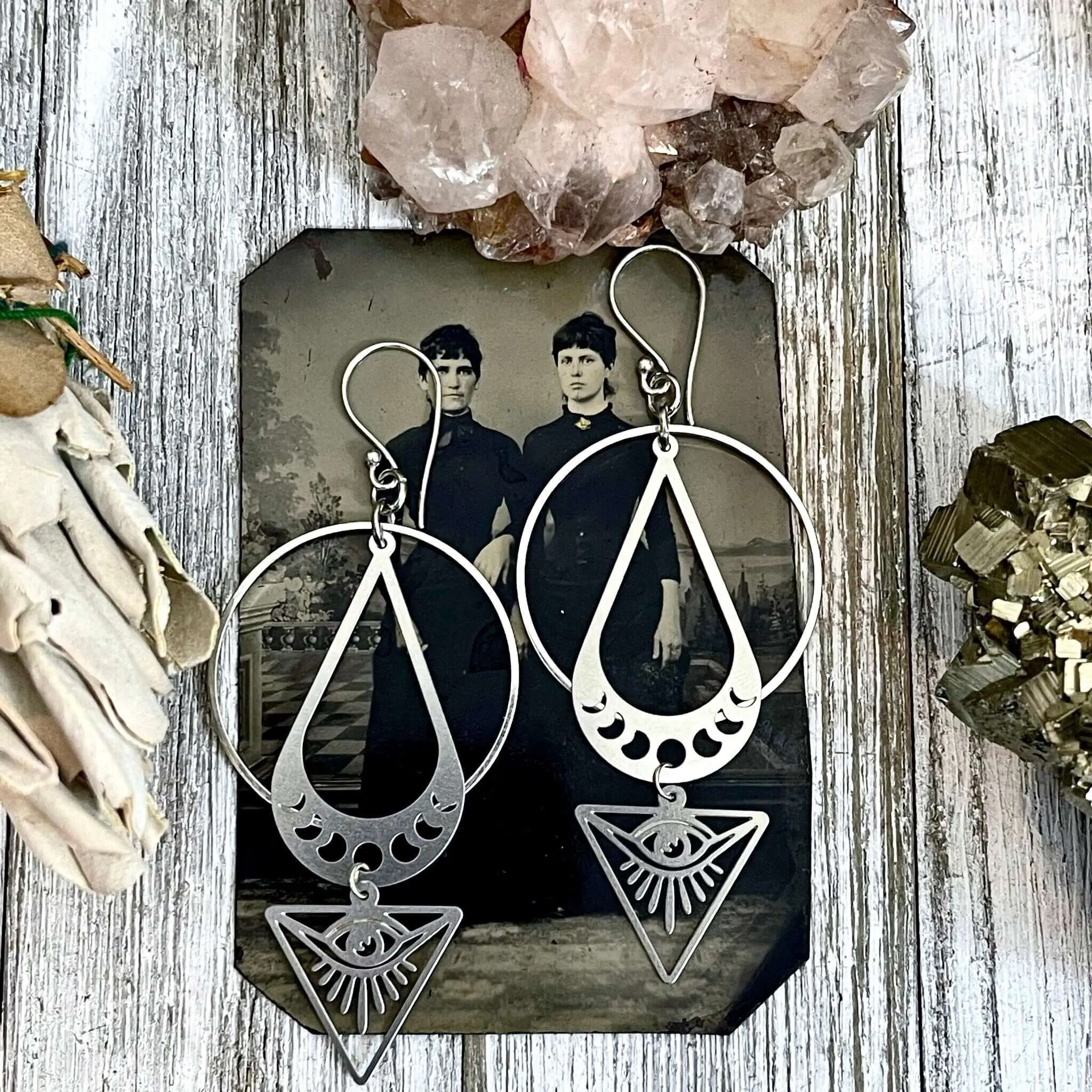 All Seeing Eye & Moon Phases Earrings / Sterling Silver and Stainless Steel Long Dangly Geometric Earrings