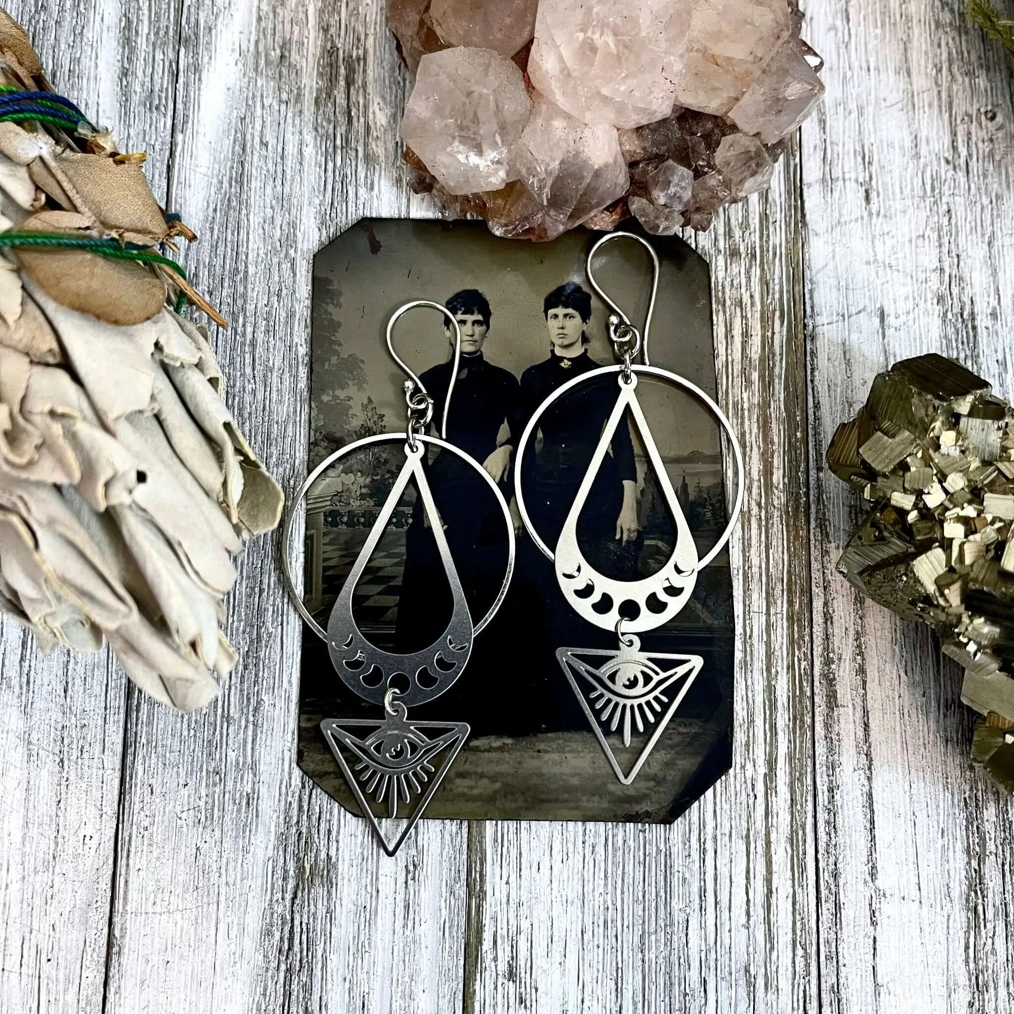 All Seeing Eye & Moon Phases Earrings / Sterling Silver and Stainless Steel Long Dangly Geometric Earrings