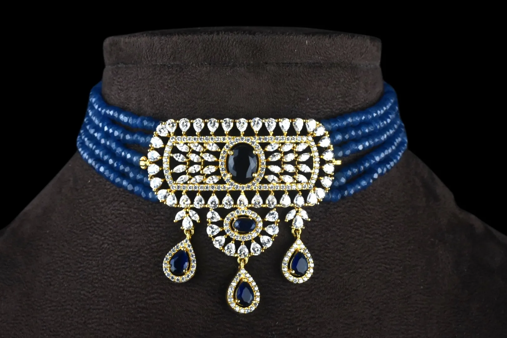 American Diamond Pendant With Blue Beads Choker Set By Asp Fashion Jewellery