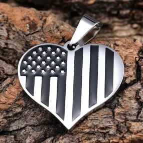 American Flag Heart Black & Silver Pendant - Rope Necklace - SLC777 CLEARANCE