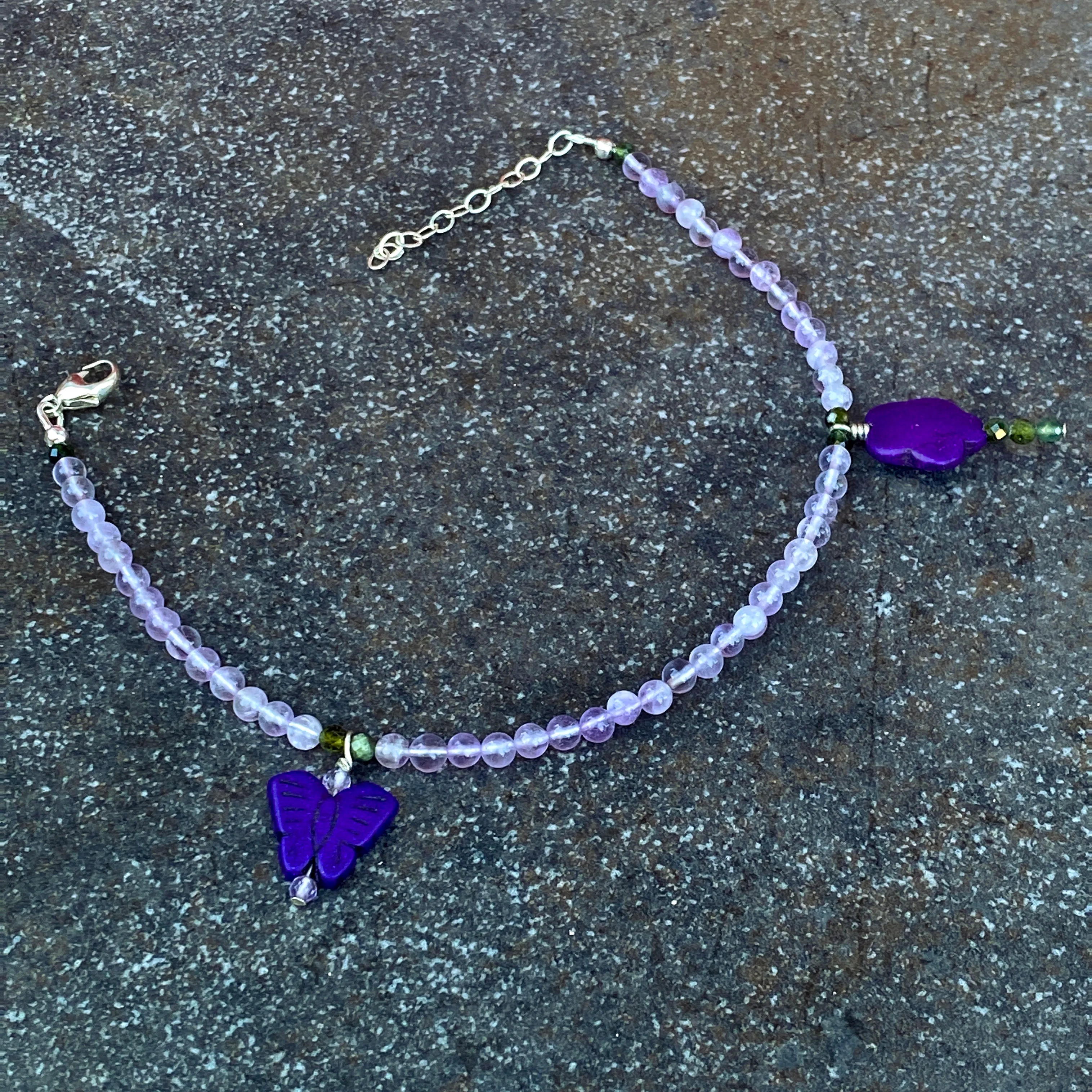 Amethyst gemstones, Green Tourmaline, and Howlite, Sterling Silver Anklet