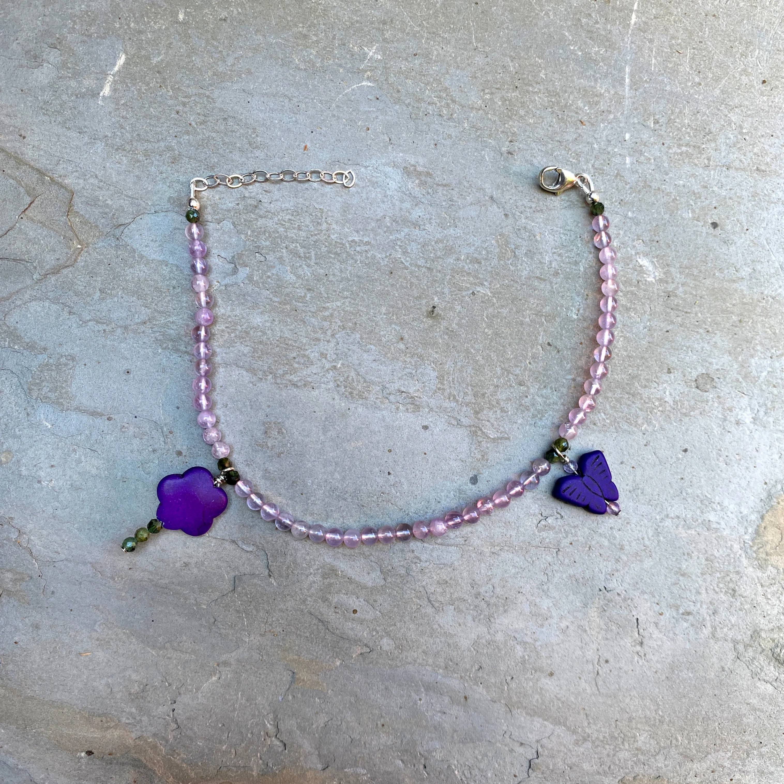 Amethyst gemstones, Green Tourmaline, and Howlite, Sterling Silver Anklet