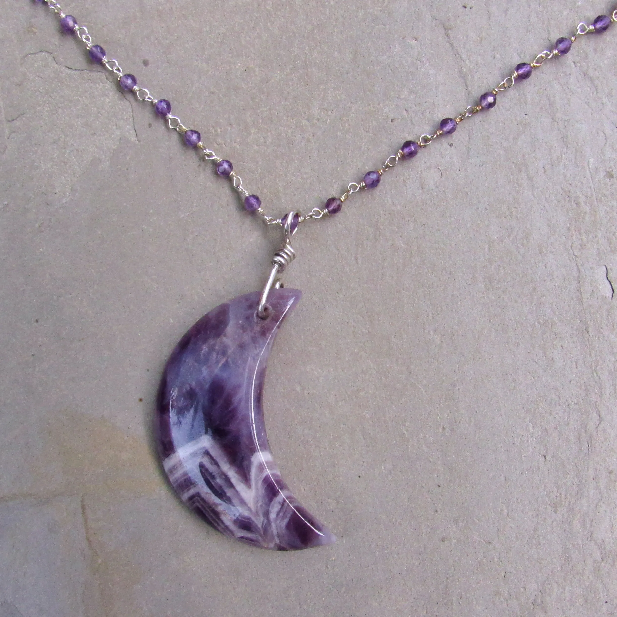 Amethyst Moon on sterling silver wrapped amethyst chain necklace