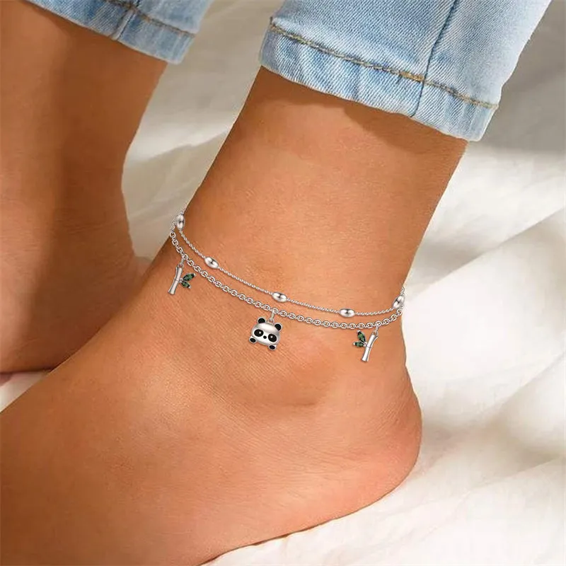 Anklet Bracelets for Women 925 Sterling Silver Panda Double Layer Anklet Adjustable 9 to 10 Inches Flexible Fit Anklets