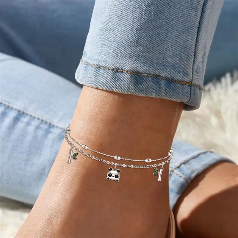 Anklet Bracelets for Women 925 Sterling Silver Panda Double Layer Anklet Adjustable 9 to 10 Inches Flexible Fit Anklets