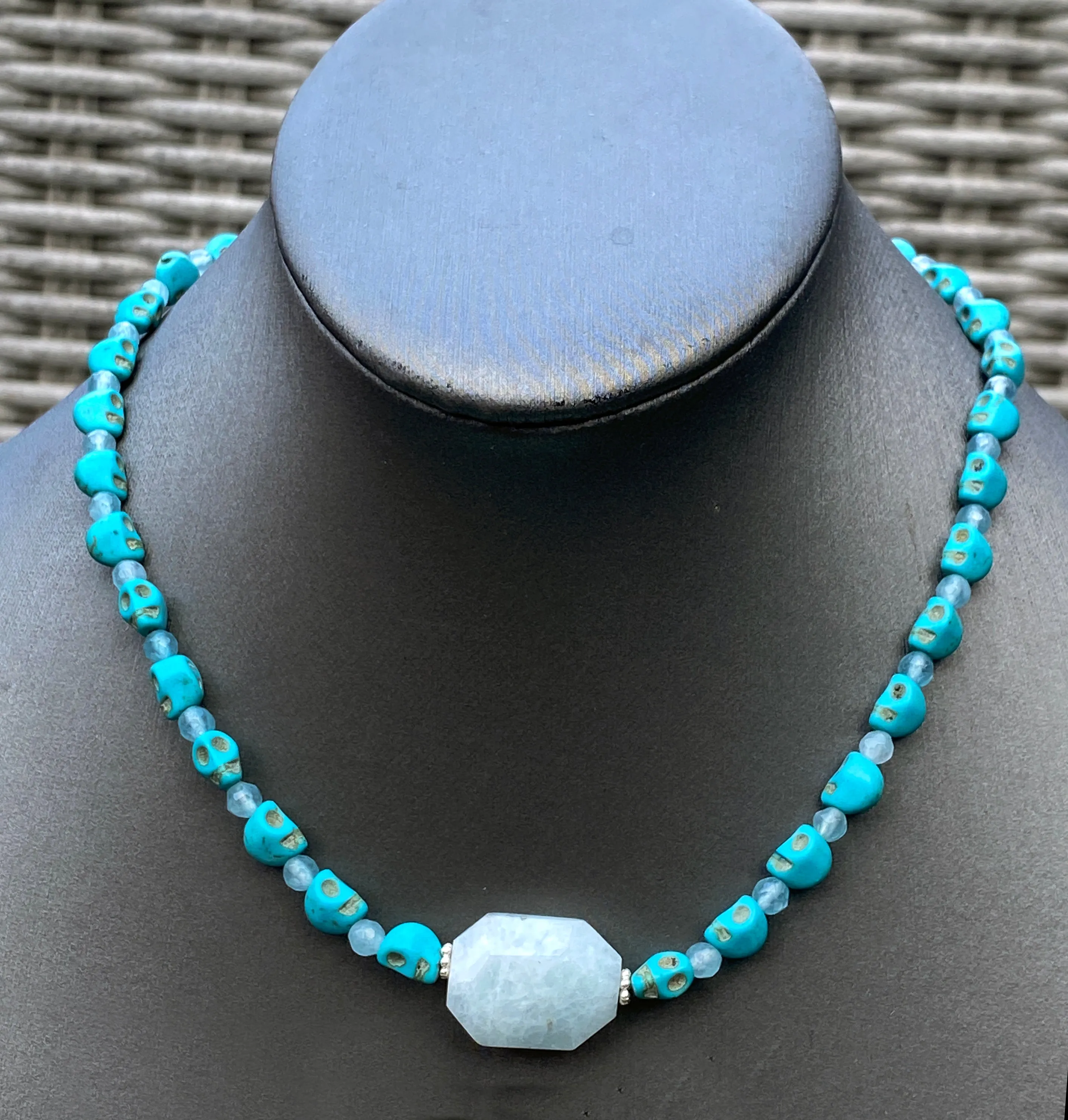 Aquamarine and Howlite Skull Necklace