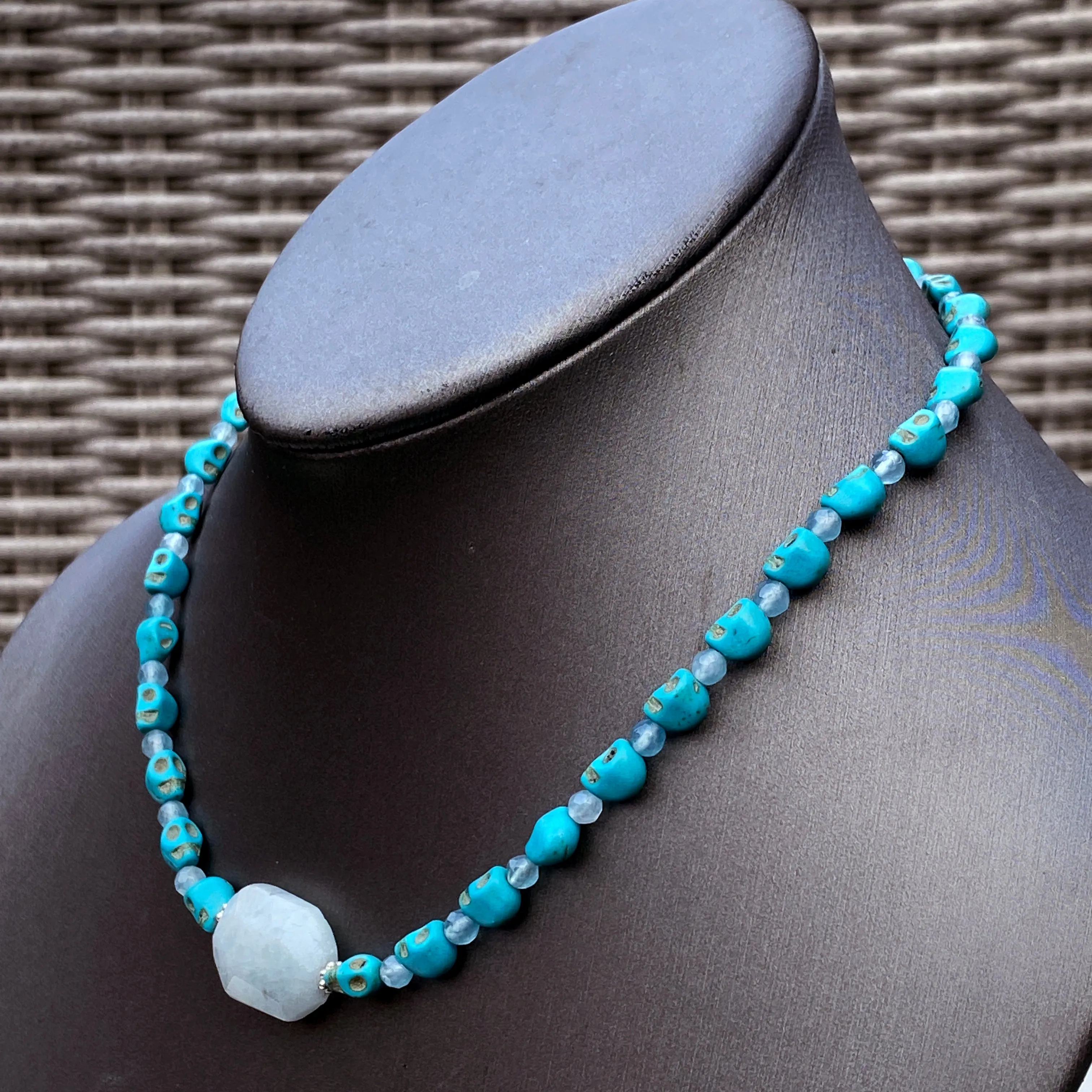 Aquamarine and Howlite Skull Necklace