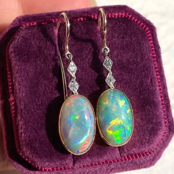 Art Deco Opal & Diamond Earrings