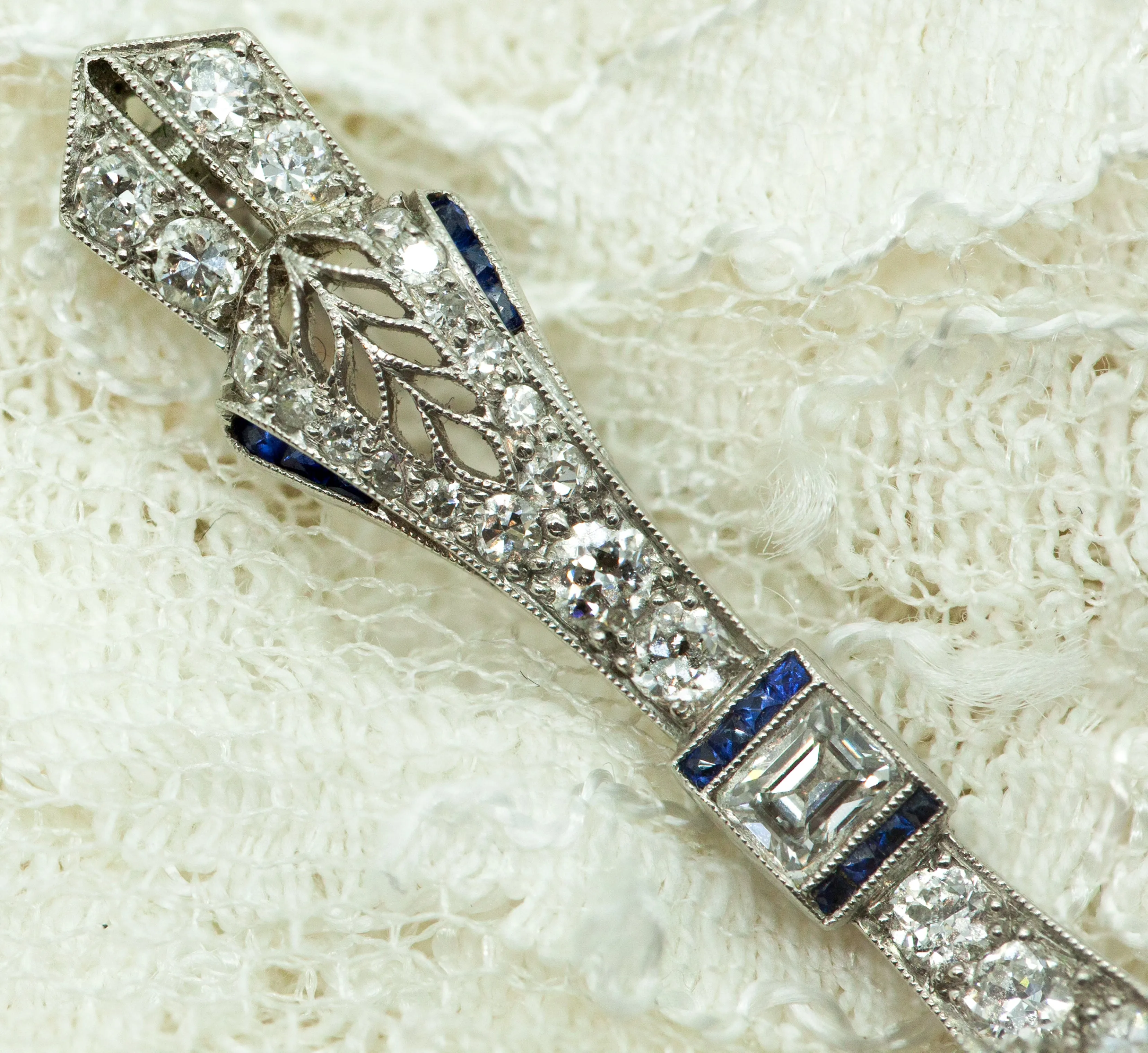 Art Deco Platinum Bow Brooch With Diamonds & Sapphires