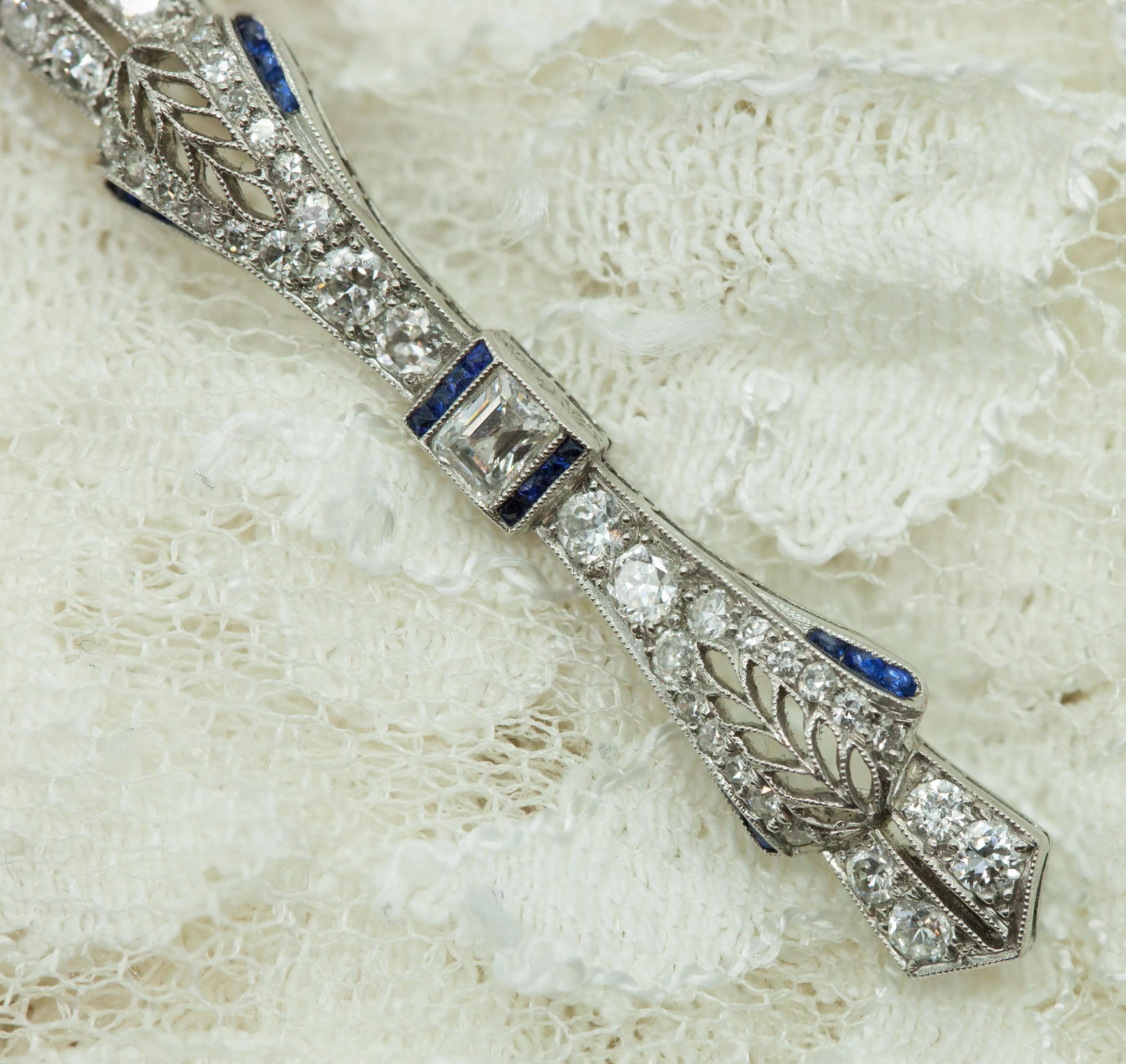 Art Deco Platinum Bow Brooch With Diamonds & Sapphires