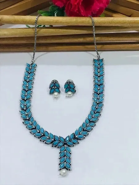 Beautiful Oxidized German Silver Turquoise Blue Necklace With Earrings