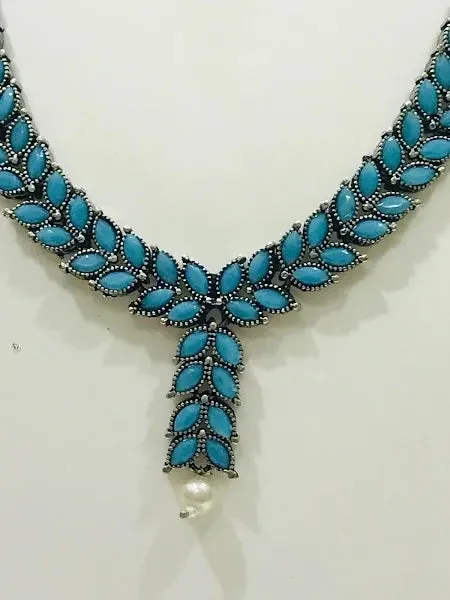 Beautiful Oxidized German Silver Turquoise Blue Necklace With Earrings