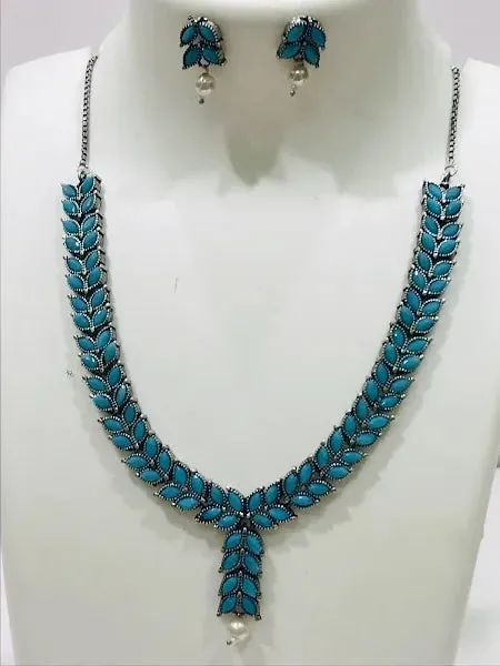 Beautiful Oxidized German Silver Turquoise Blue Necklace With Earrings