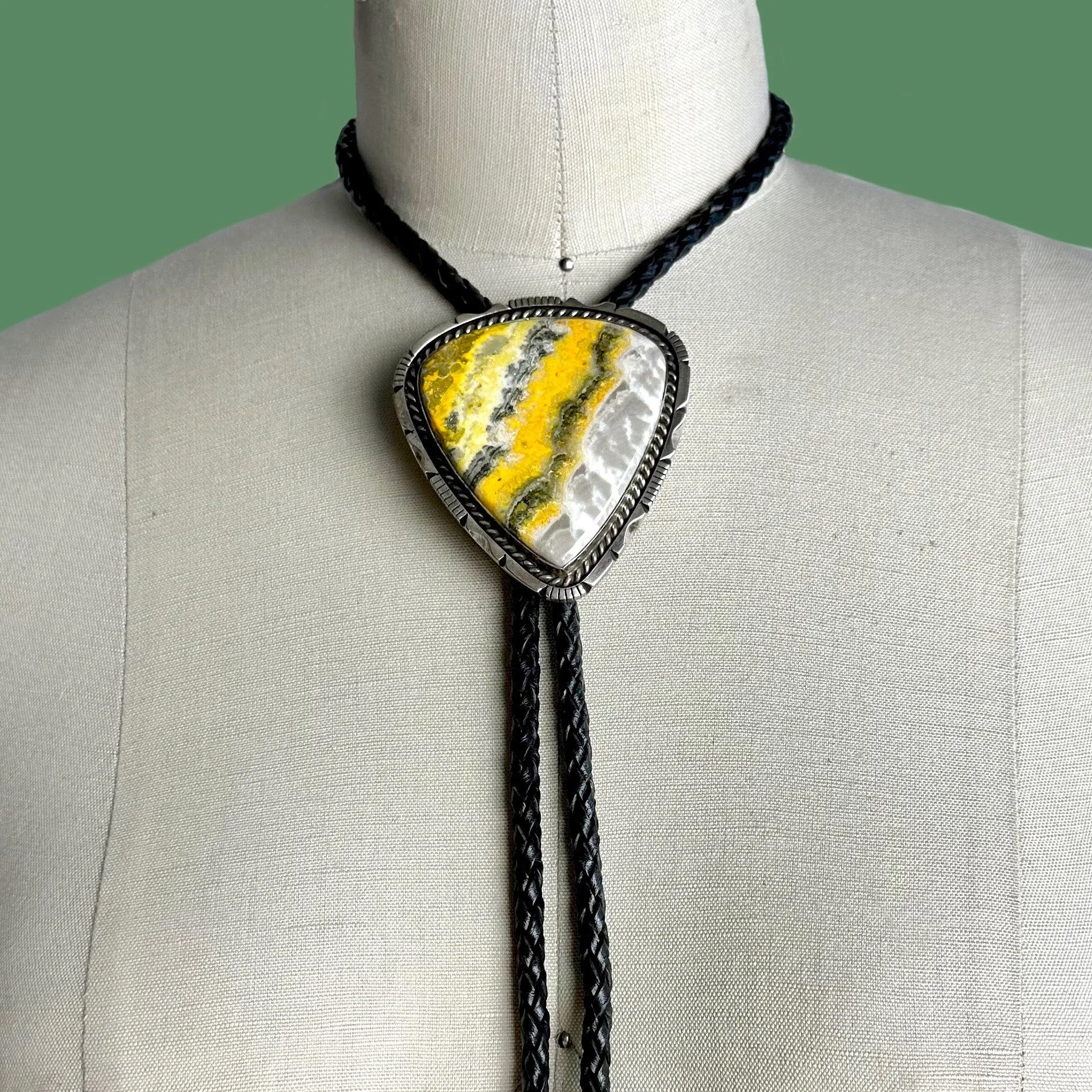 BEE MINE Eddie Secatero ES Bumble Bee Jasper & Sterling Silver Bolo Tie w/ Leather Cord