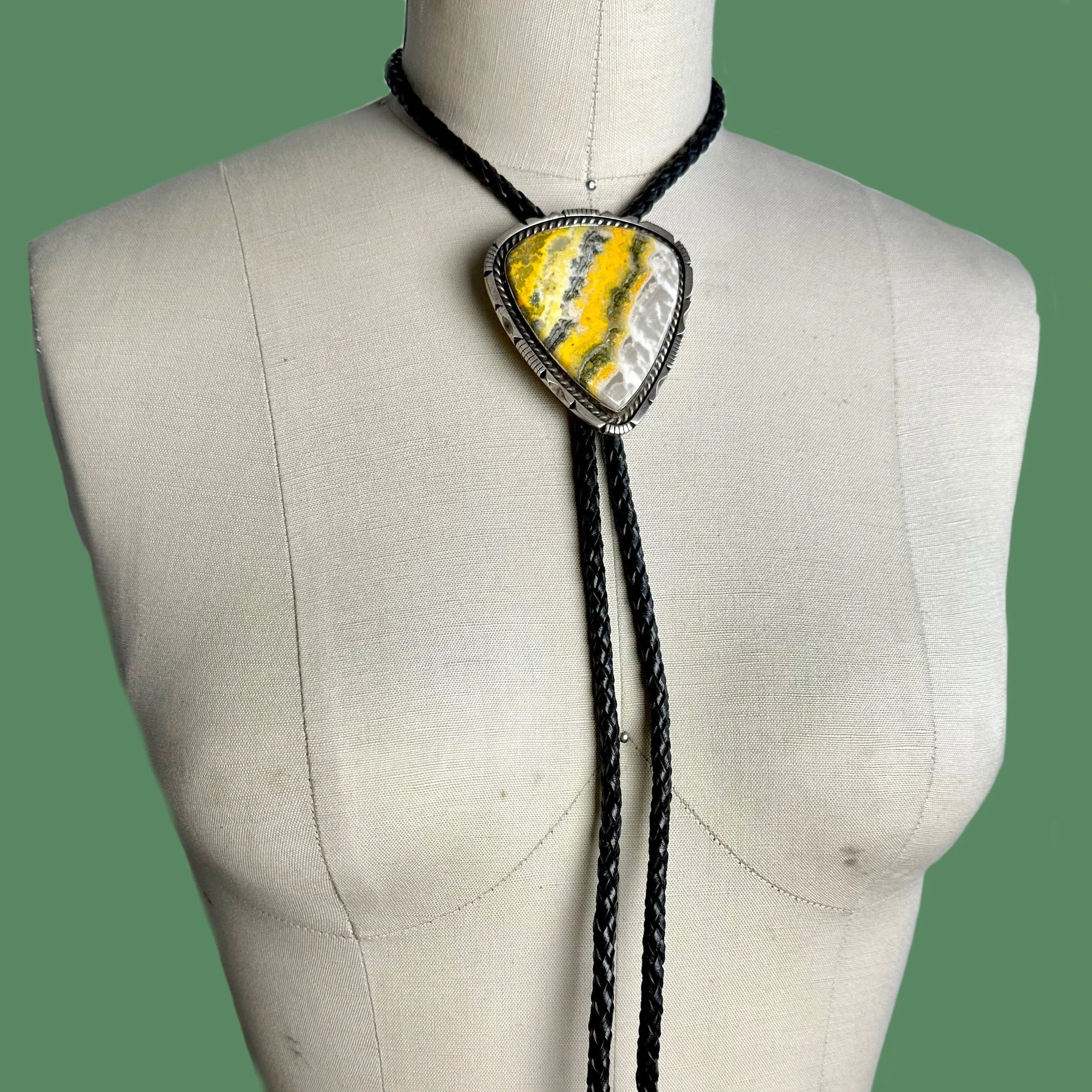 BEE MINE Eddie Secatero ES Bumble Bee Jasper & Sterling Silver Bolo Tie w/ Leather Cord