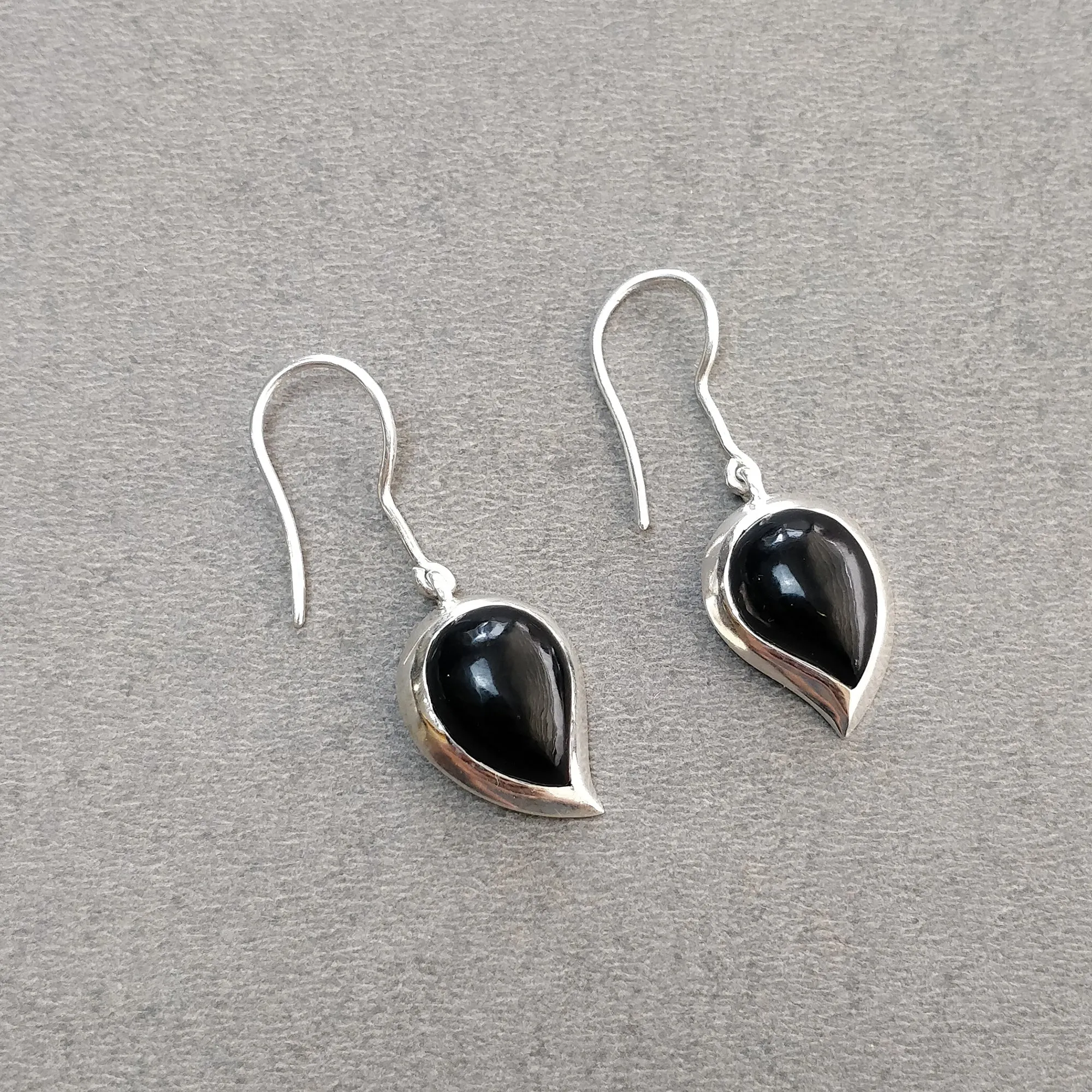 Black Onyx Gemstone Jewelry Set : 925 Sterling Silver Natural Onyx Leaf Shape Cabochon Bezel Set Earrings Pendant Jewelry Set