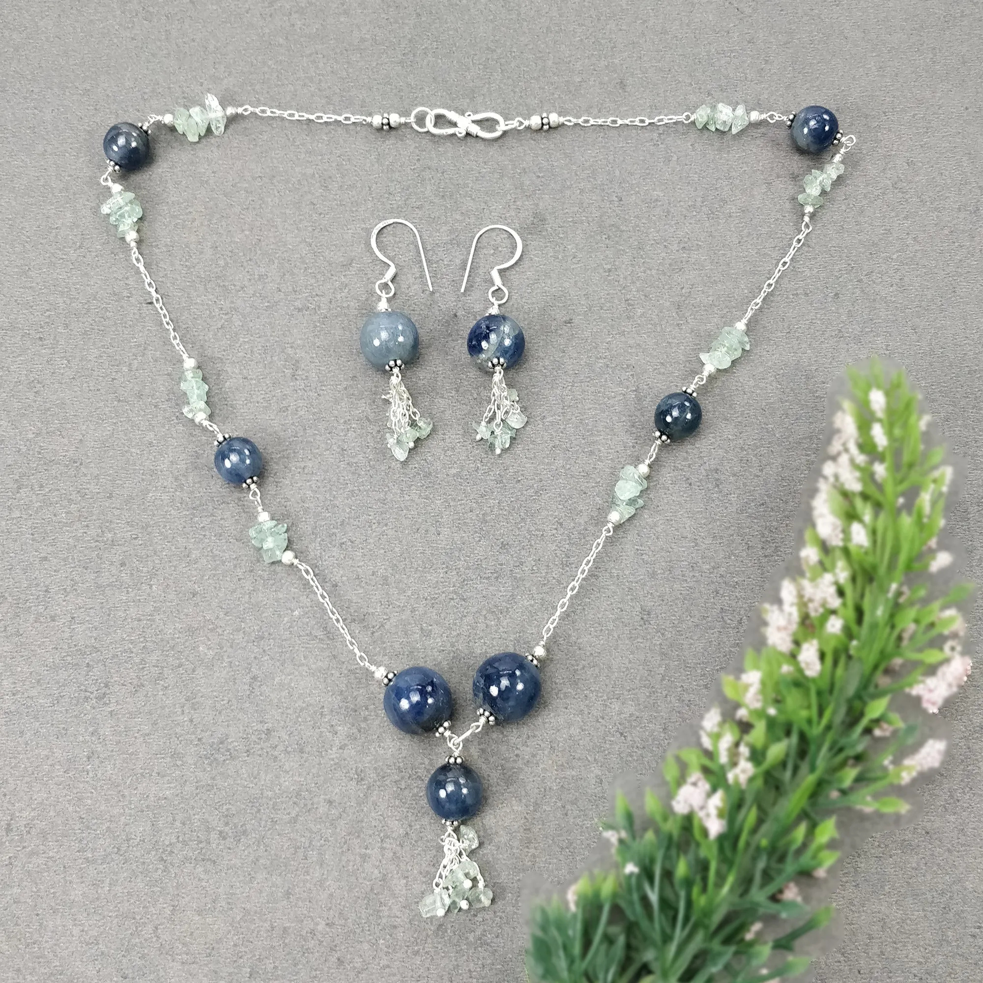 Blue SAPPHIRE & EMERALD Gemstones Jewelry : Natural Untreated With 925 Sterling Silver 19.25" Beaded Necklace Earring Jewelry Set