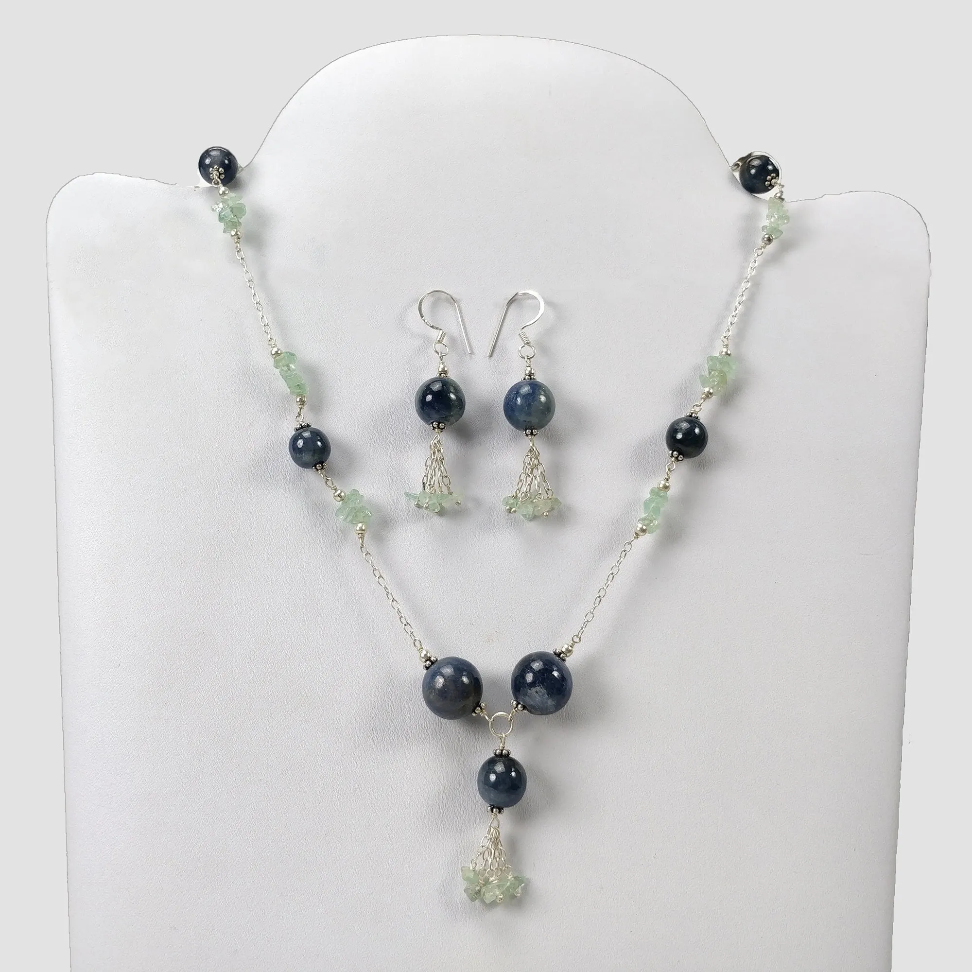 Blue SAPPHIRE & EMERALD Gemstones Jewelry : Natural Untreated With 925 Sterling Silver 19.25" Beaded Necklace Earring Jewelry Set