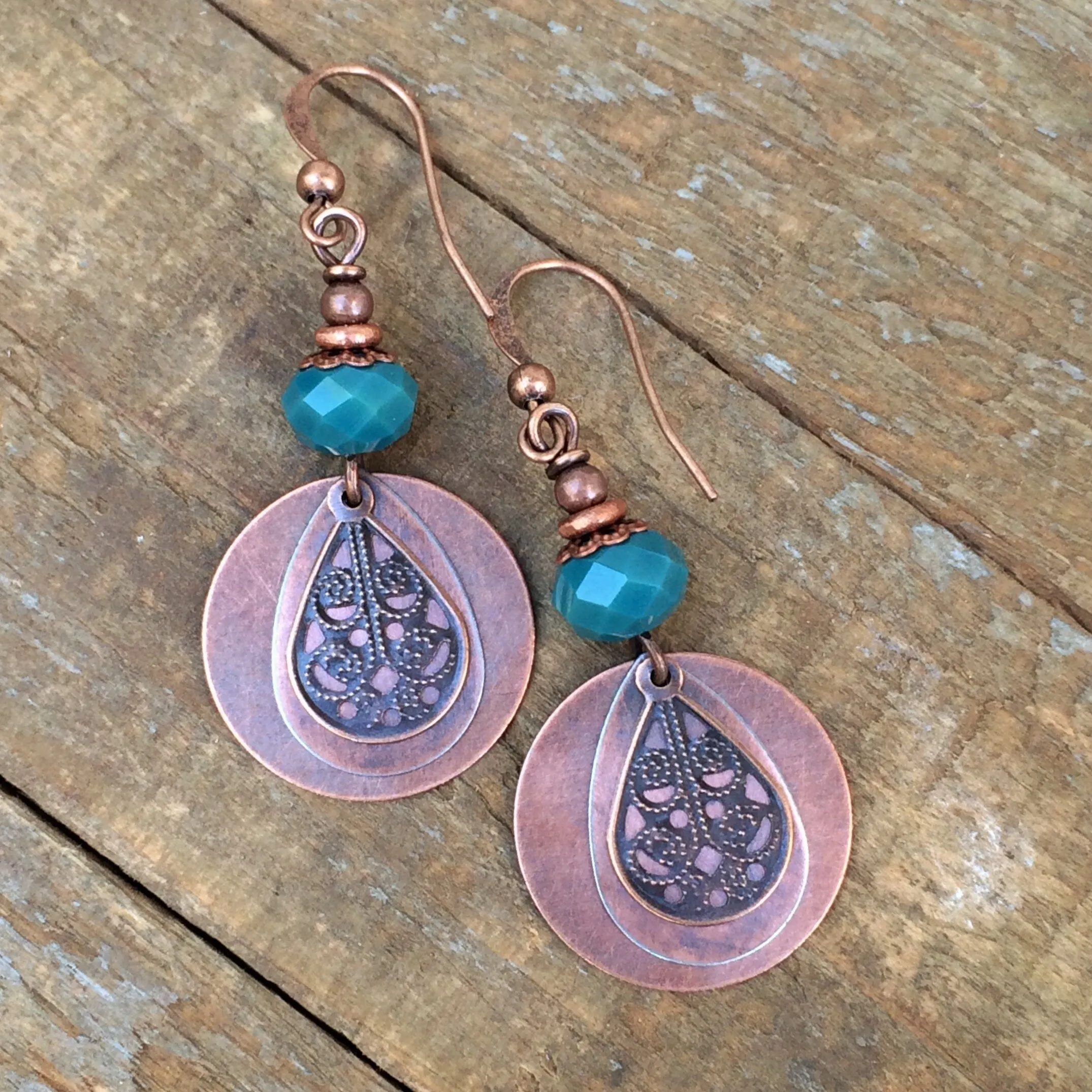 Bohemian Earrings, Boho Earrings Dangle, Teal Blue Boho Earrings, Copper Earrings