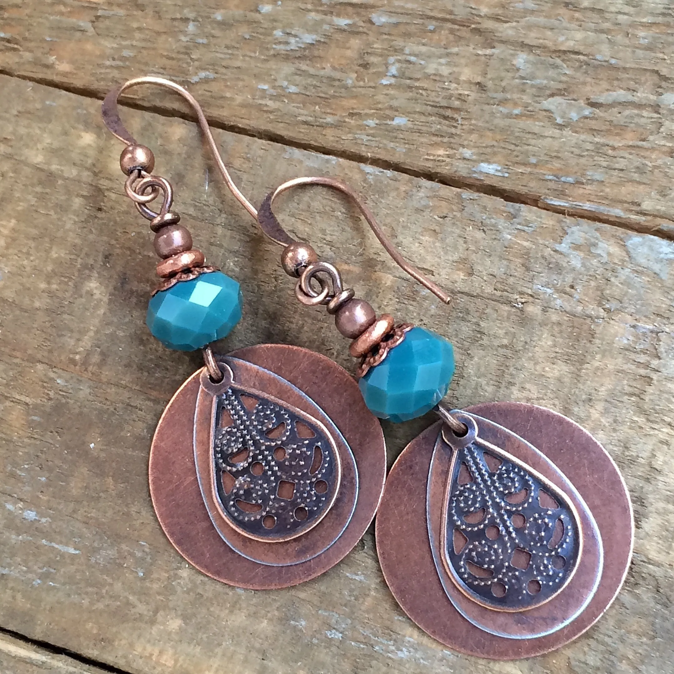 Bohemian Earrings, Boho Earrings Dangle, Teal Blue Boho Earrings, Copper Earrings