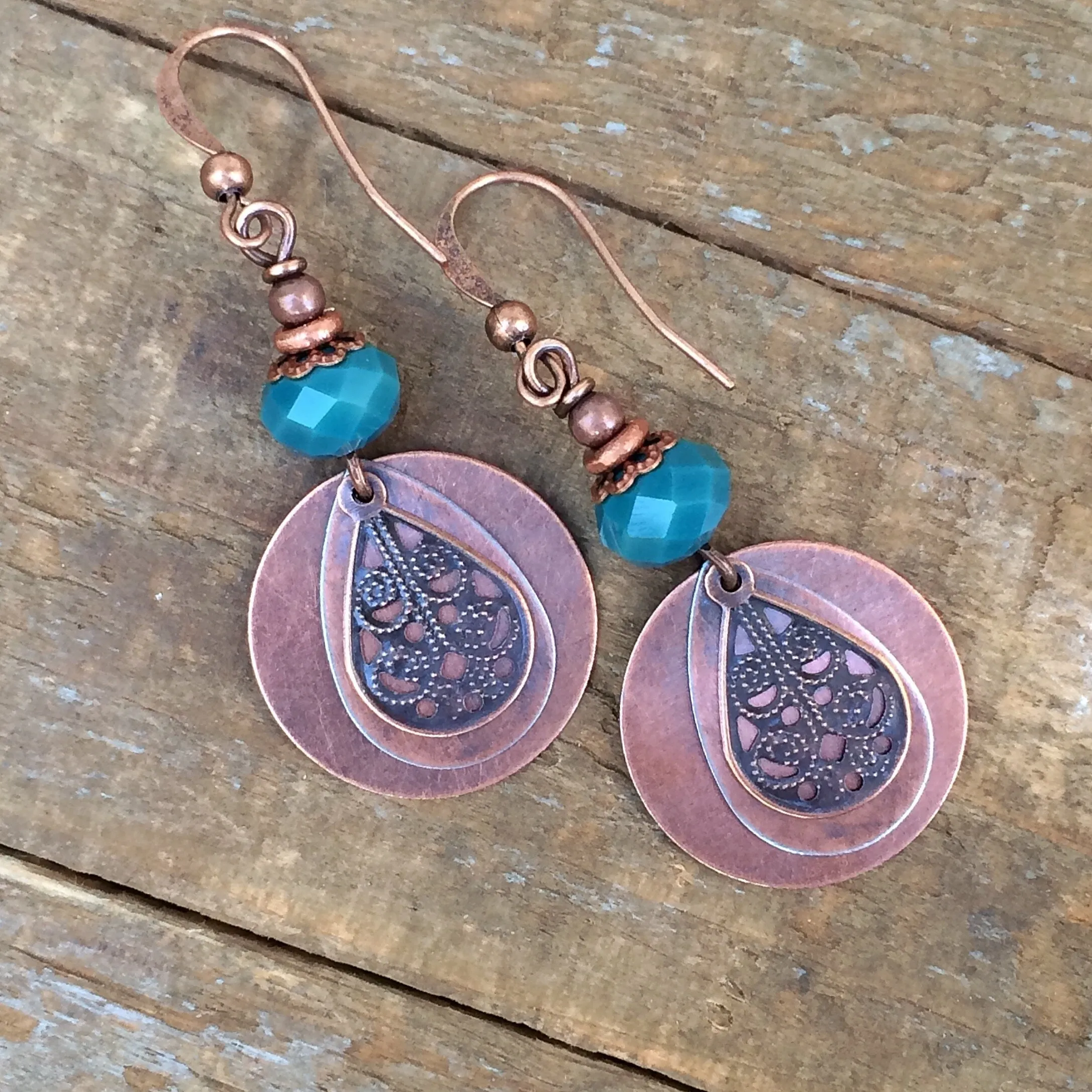 Bohemian Earrings, Boho Earrings Dangle, Teal Blue Boho Earrings, Copper Earrings