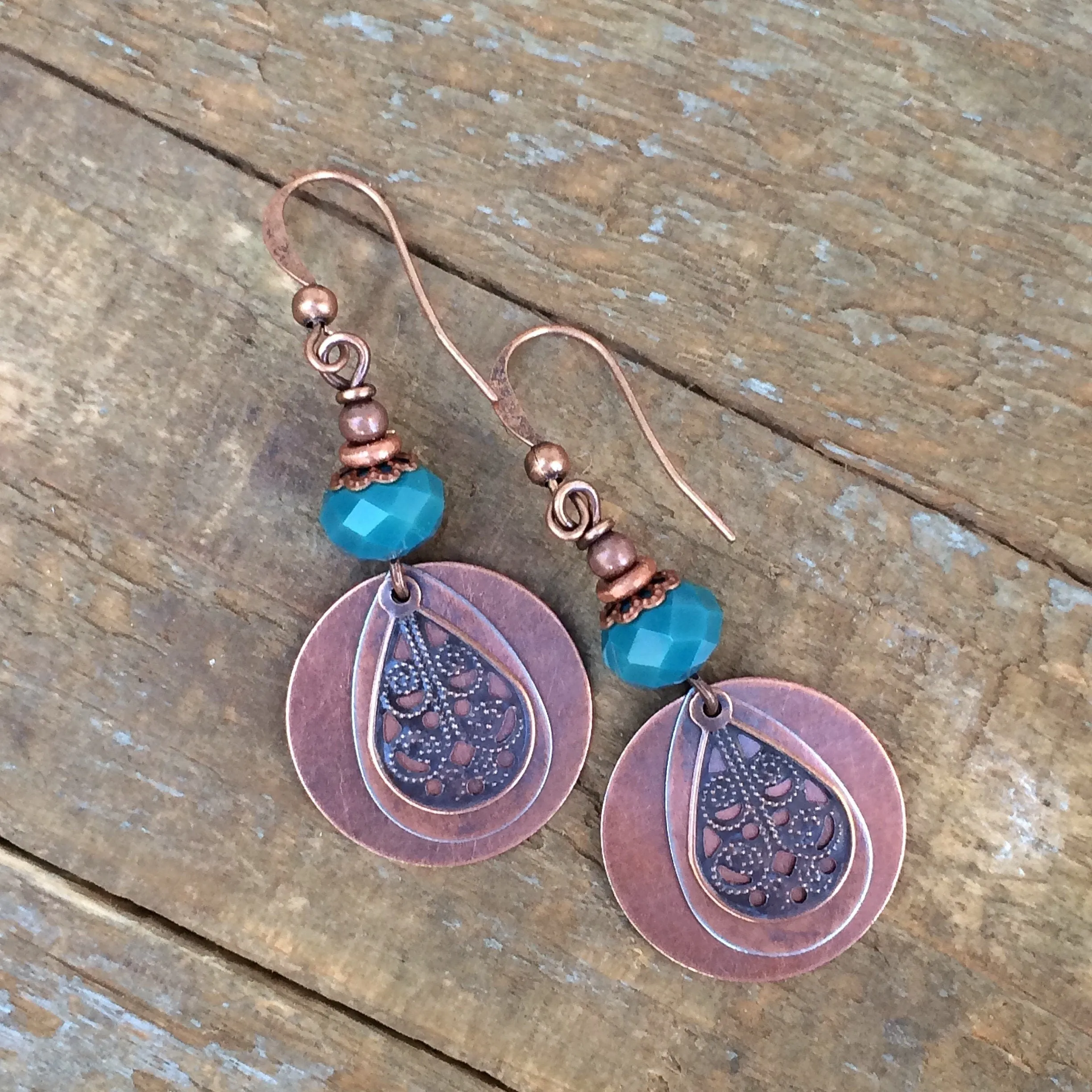 Bohemian Earrings, Boho Earrings Dangle, Teal Blue Boho Earrings, Copper Earrings