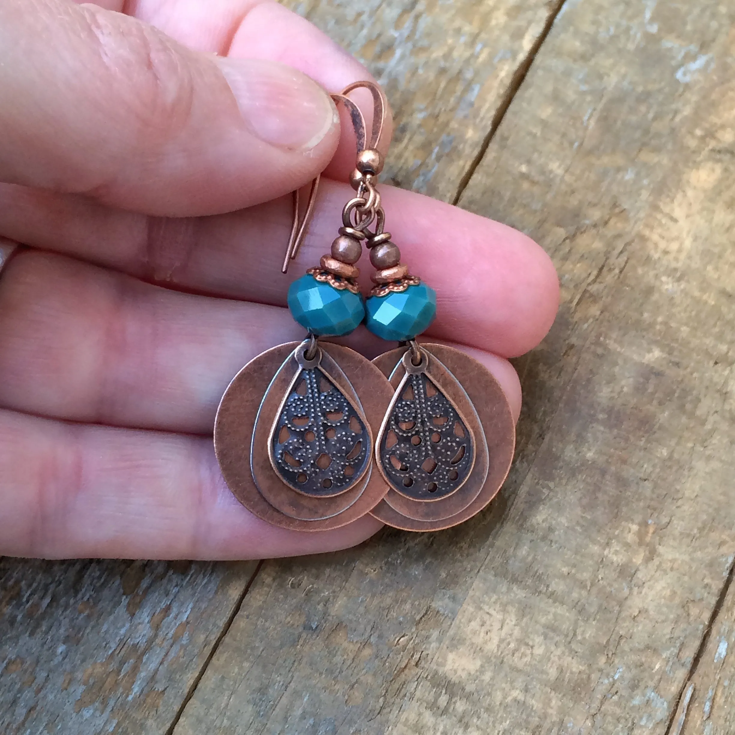 Bohemian Earrings, Boho Earrings Dangle, Teal Blue Boho Earrings, Copper Earrings