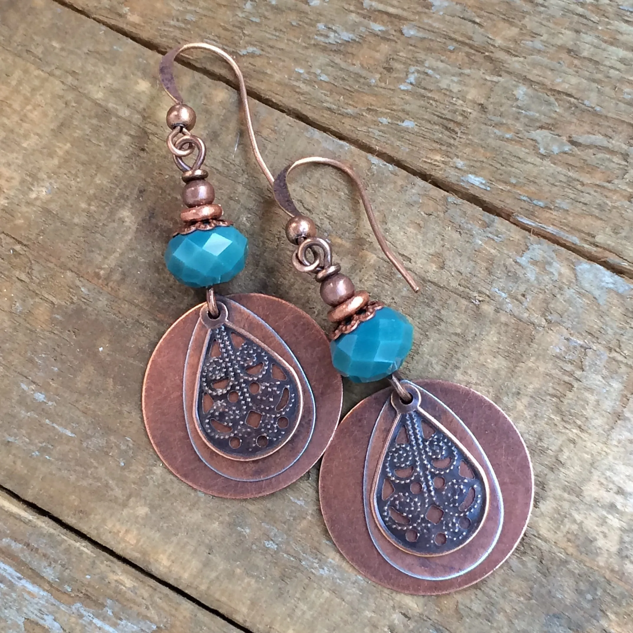 Bohemian Earrings, Boho Earrings Dangle, Teal Blue Boho Earrings, Copper Earrings