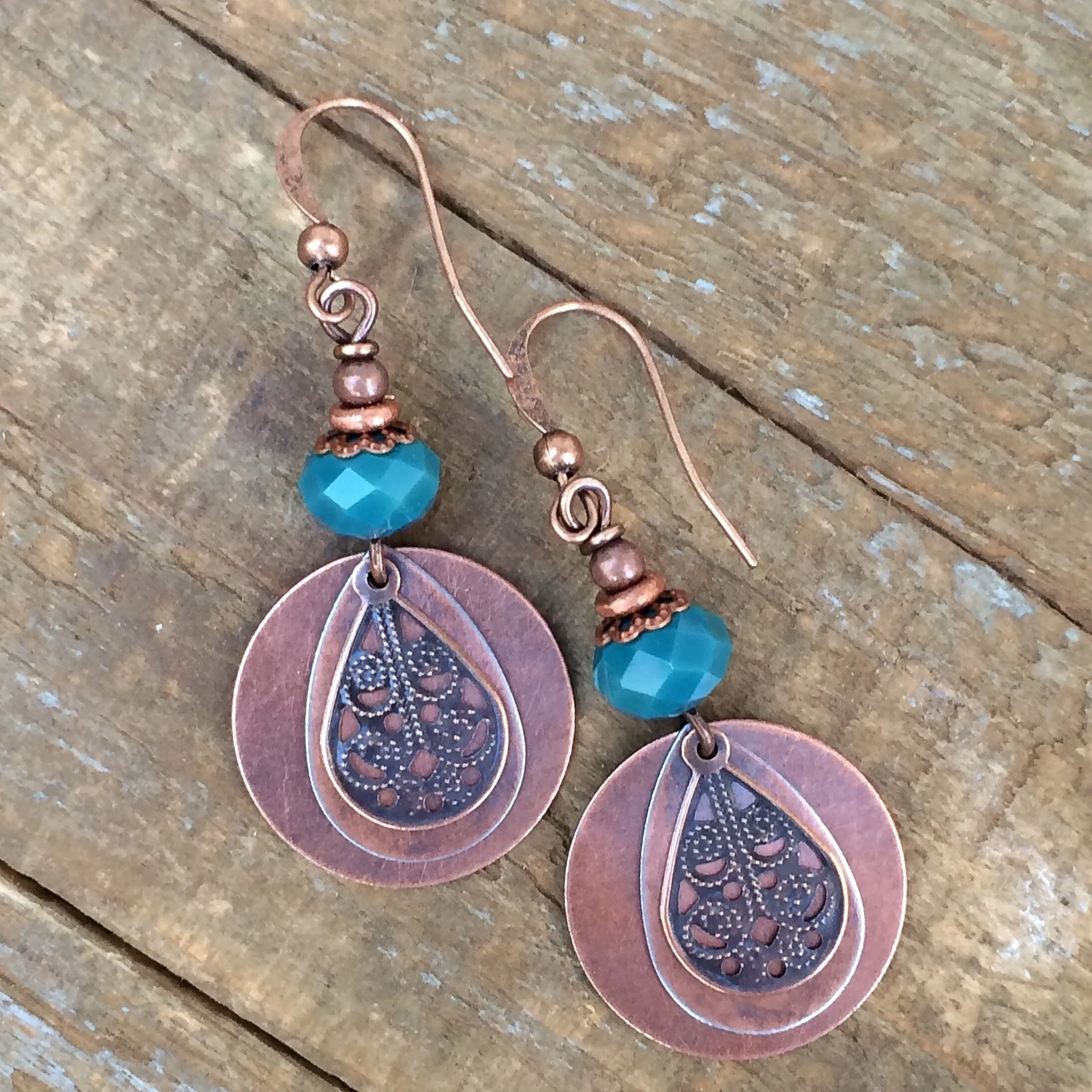 Bohemian Earrings, Boho Earrings Dangle, Teal Blue Boho Earrings, Copper Earrings