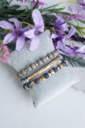 Boho Bracelets Stack of 3 piece Beaded bracelets Semi Precious stones in Gray and gold, Stacking bracelets