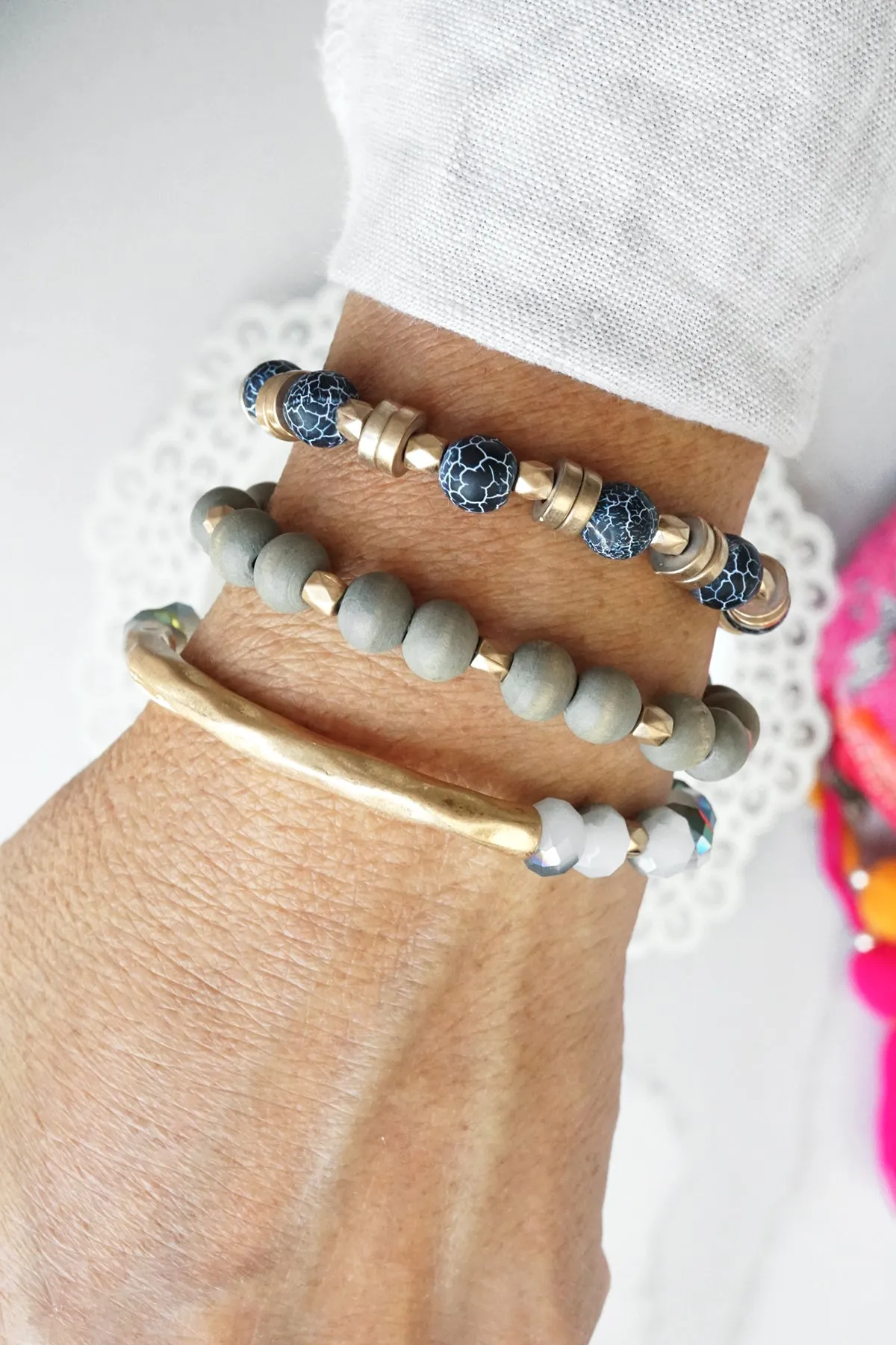 Boho Bracelets Stack of 3 piece Beaded bracelets Semi Precious stones in Gray and gold, Stacking bracelets