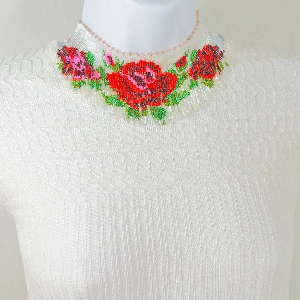 Cambria, Red Rose Pattern, Beaded Choker, Necklace